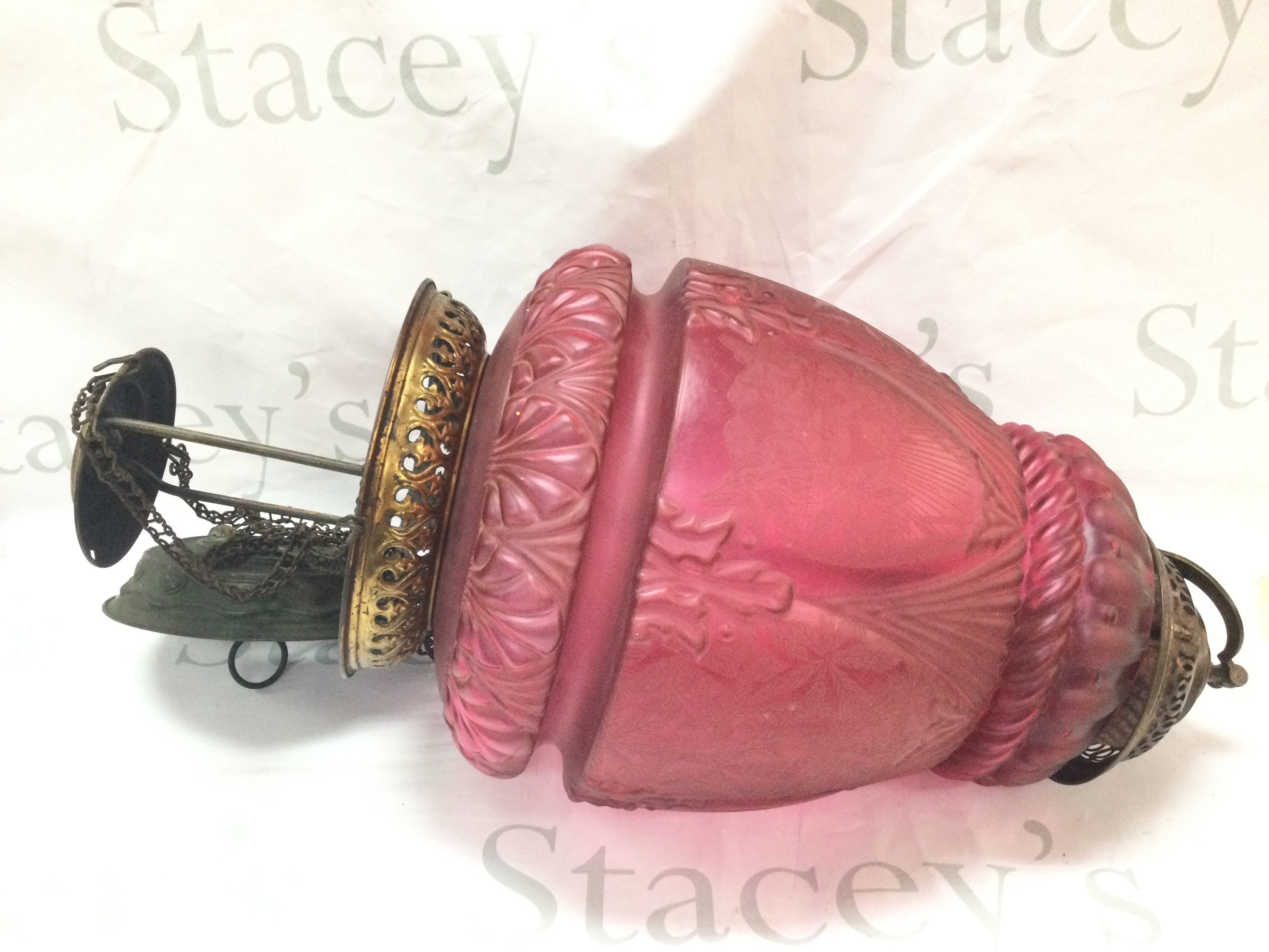 A quality early 20th century etched glass red lamp shade. Total height approximately 52cm ,26cm wide approx