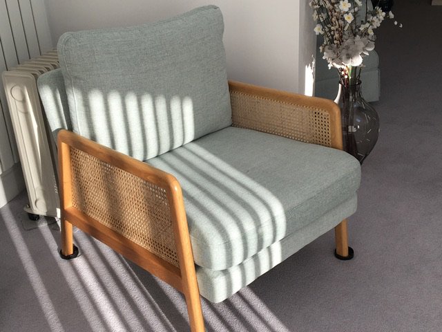 Three Modern beach wood Bergere arm chairs with marching light colour (mint) drop In cushion in very good condition. (3)