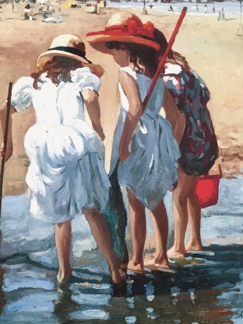 A Modern Contemporary framed Acrylic on board limited edition a summer beach scene with children by Sheree Valentine Daines signed with initials. 72x68cm