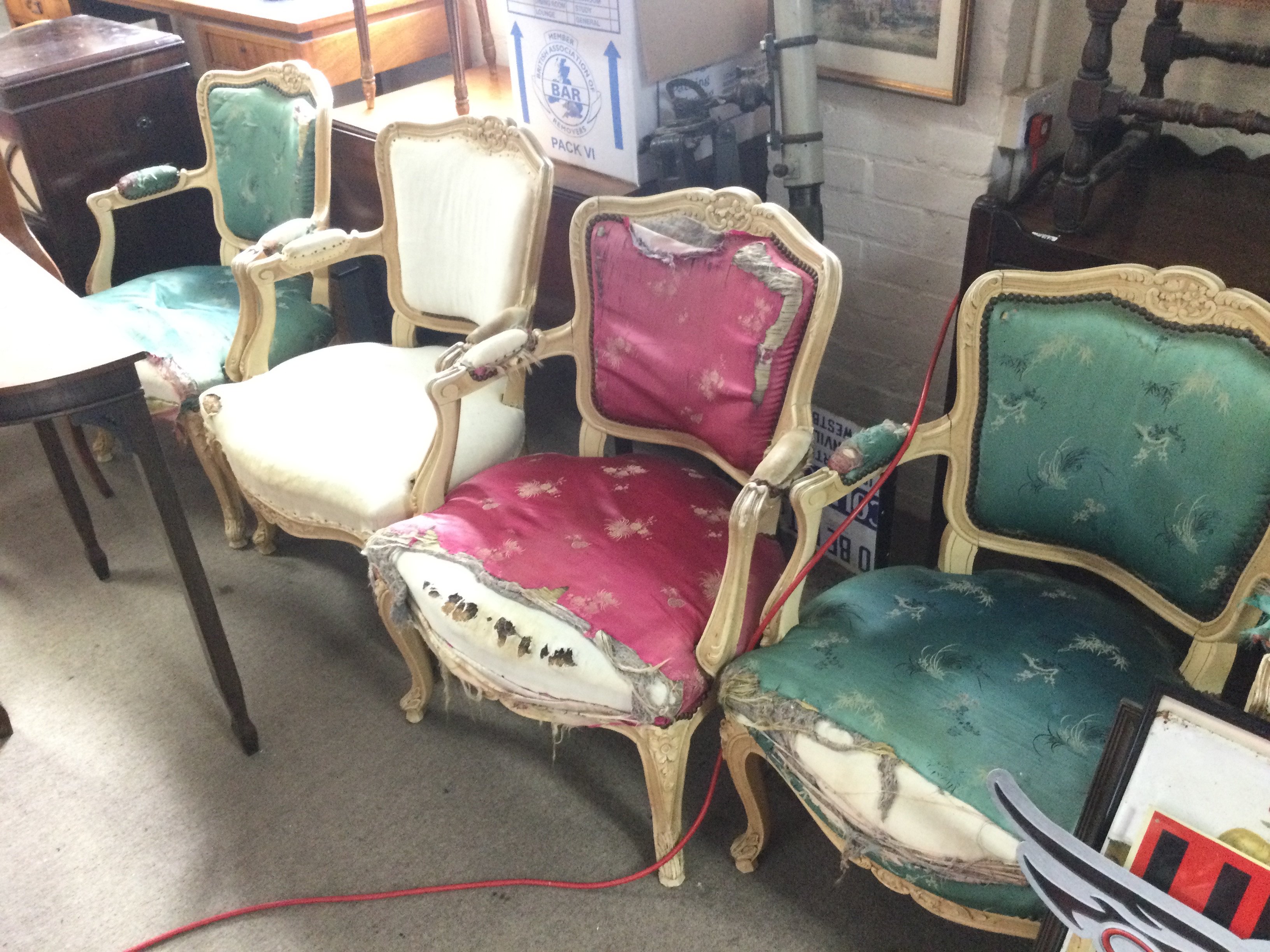 Four French armchairs for restoration. Dimensions 62cm wide 84cm tall. no reserve