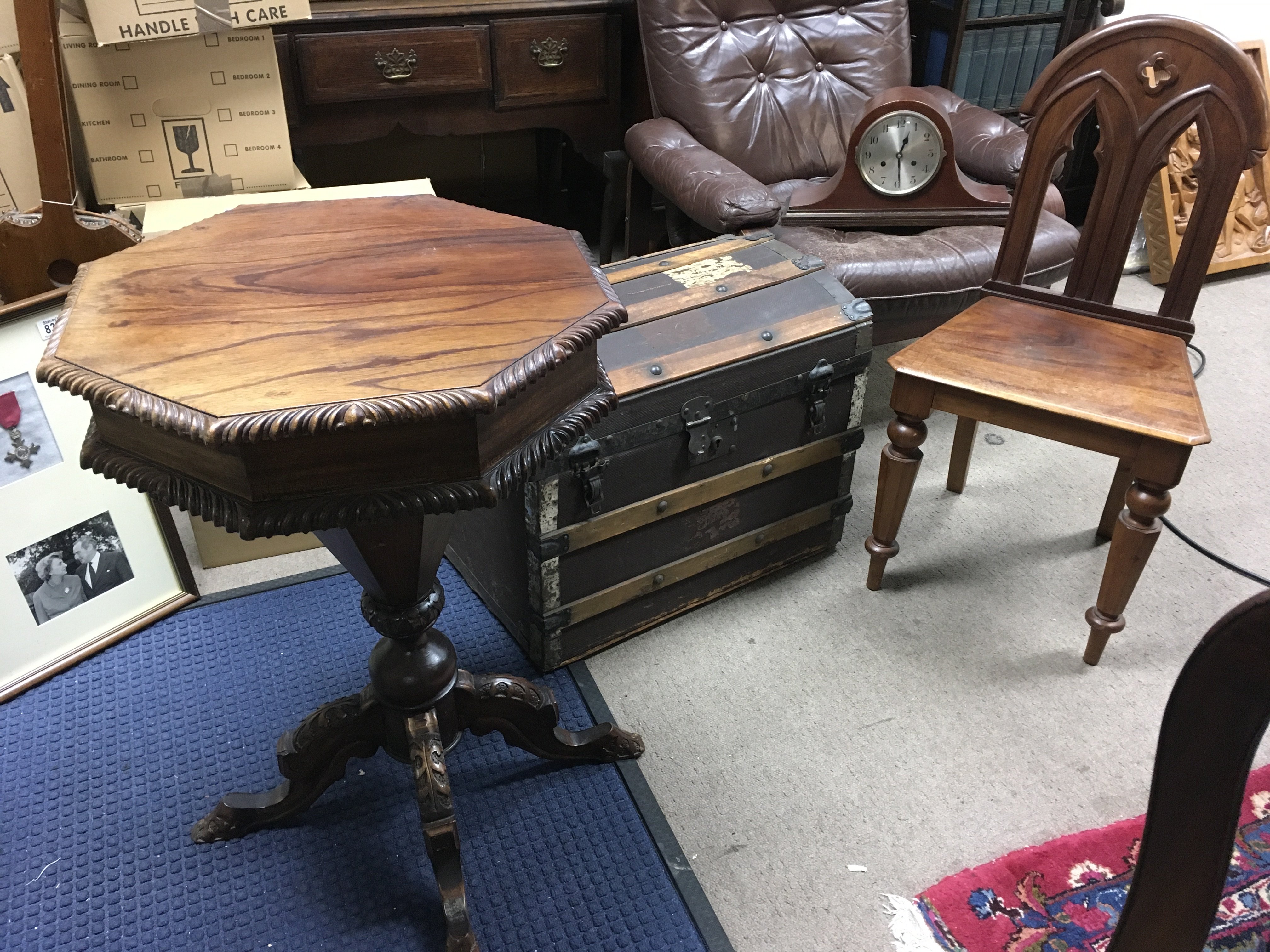 A Victorian hall chair , mirror (frame size dimensions 75x107cm), oak sewing work box table and a dome top trunk
