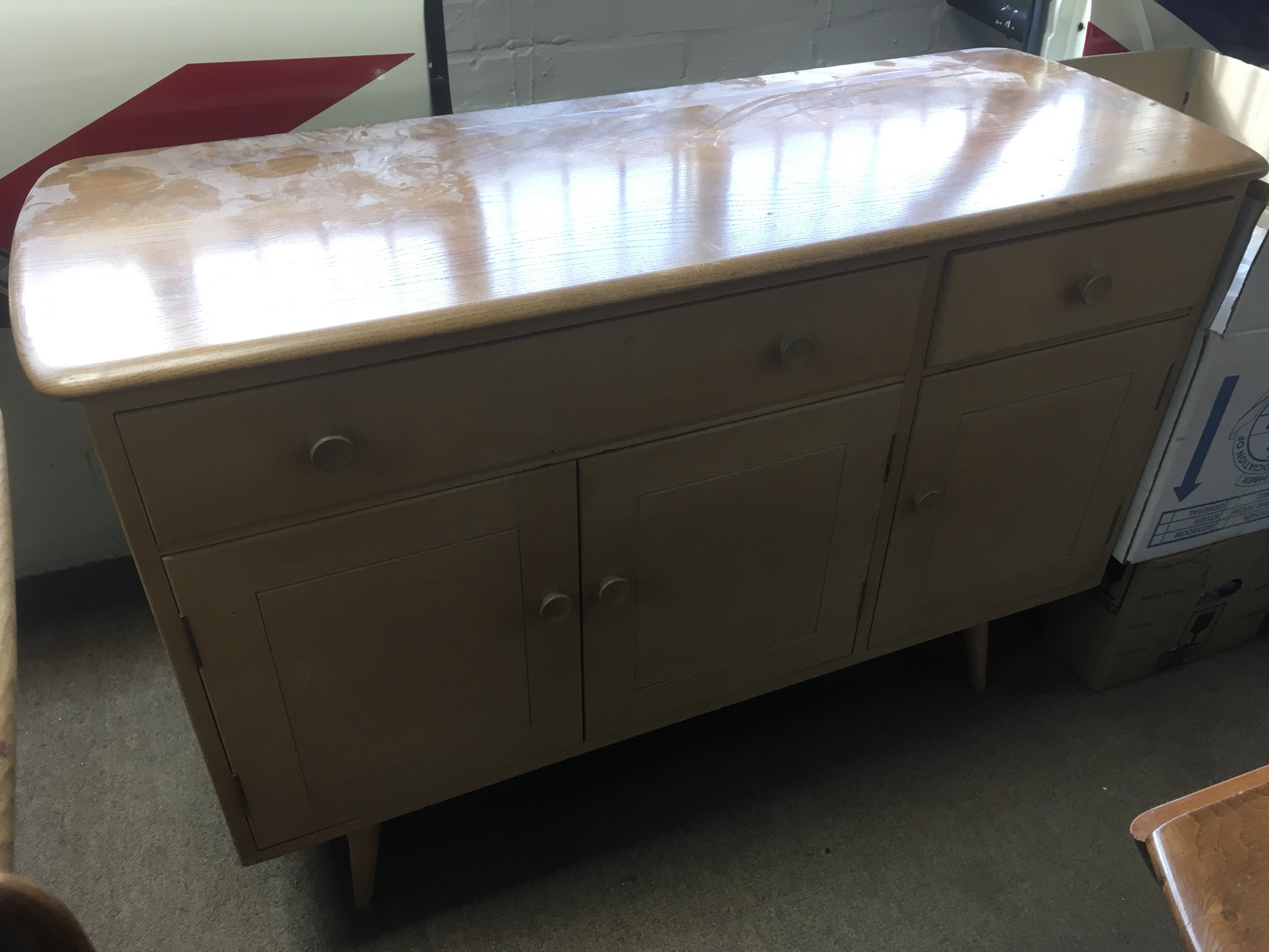 A g plan sideboard (82cm tall 124cm wide 46cm deep ) and an Ercol side table (100cm wide 52cm deep 40cm tall)