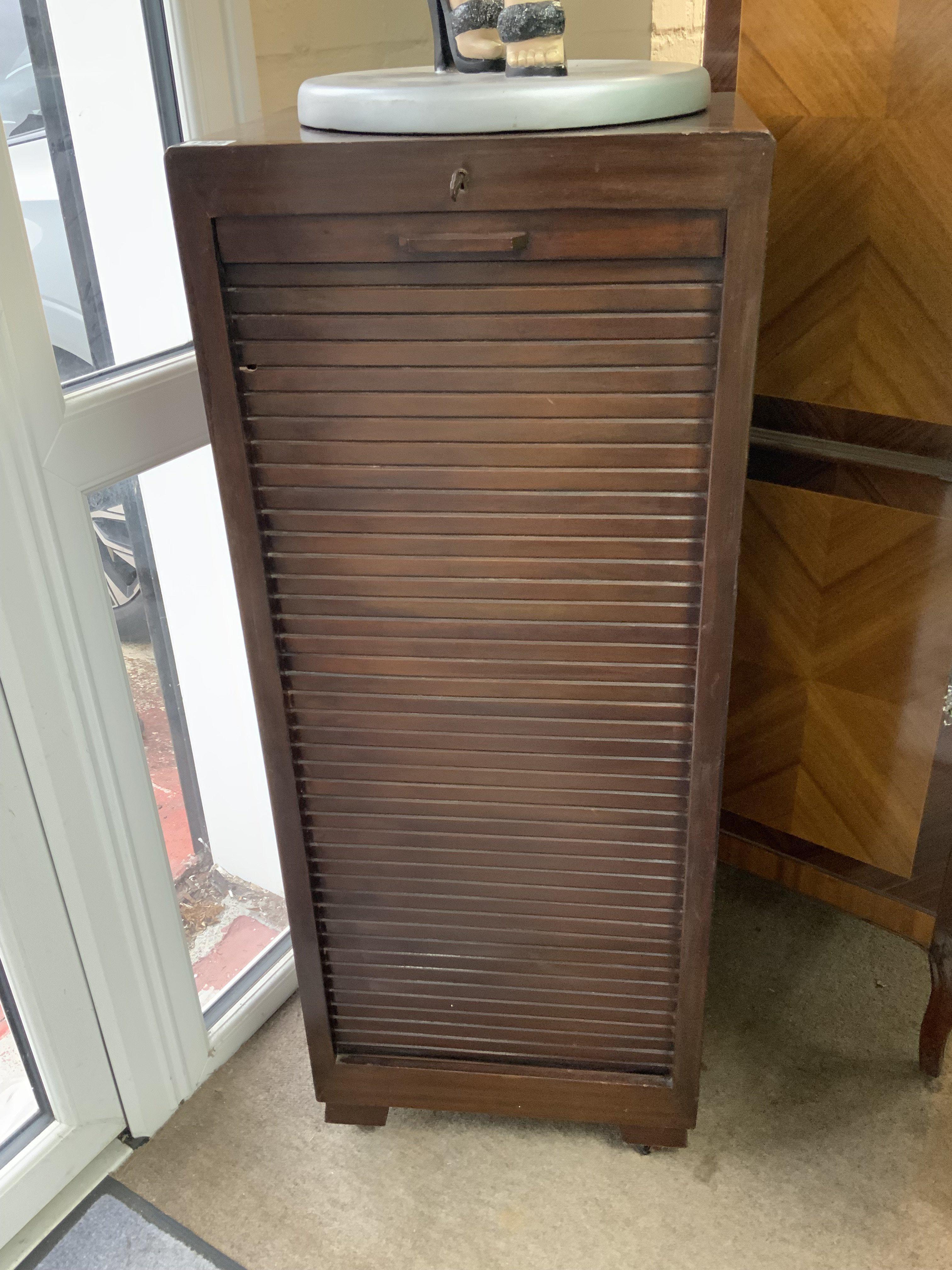 A 1940s F.A Morgenroth tambour fronted music cabinet. 118cm x 46cm x 46cm