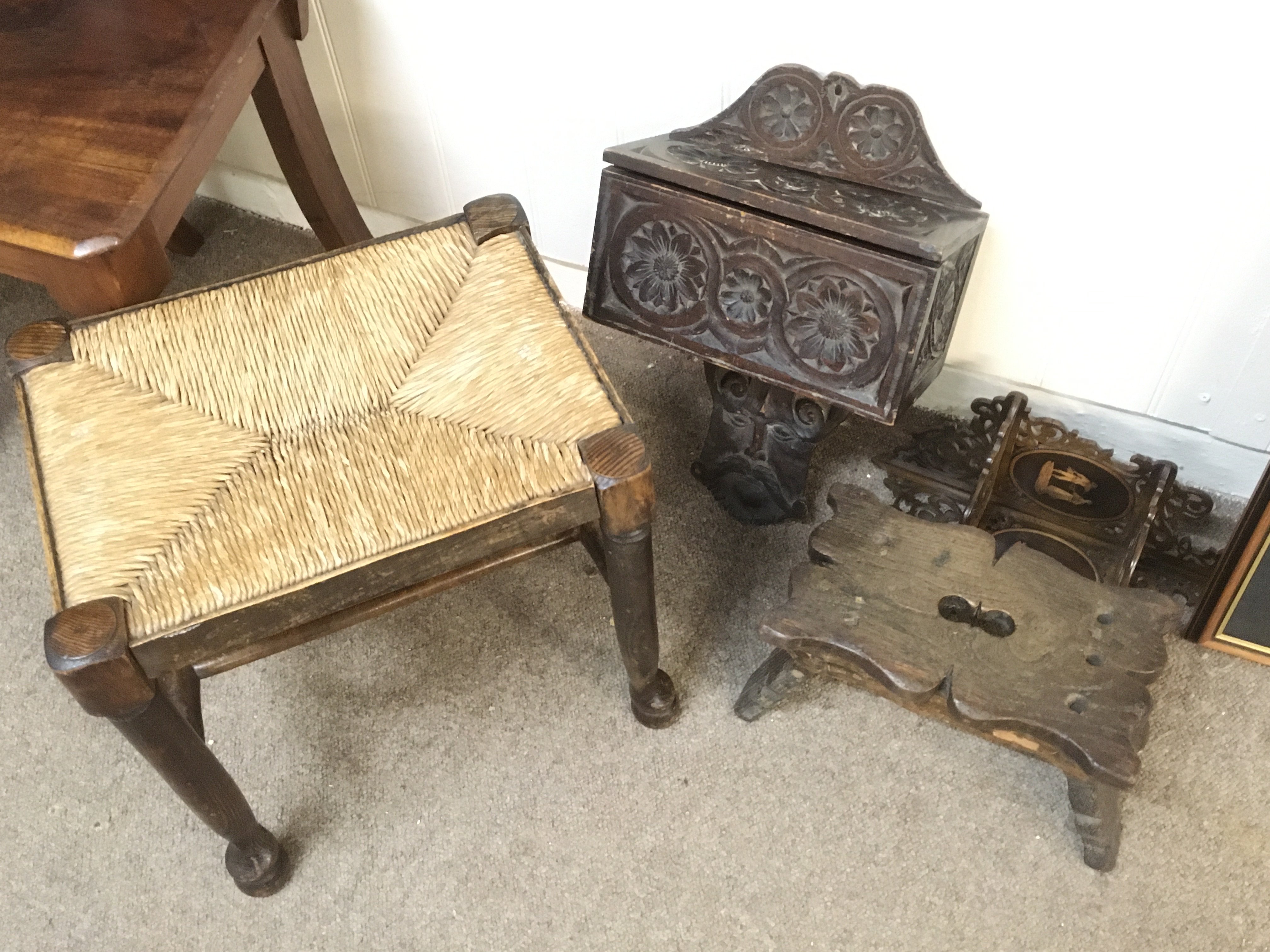 A small carved stool, carved box, olive wood corner bracket