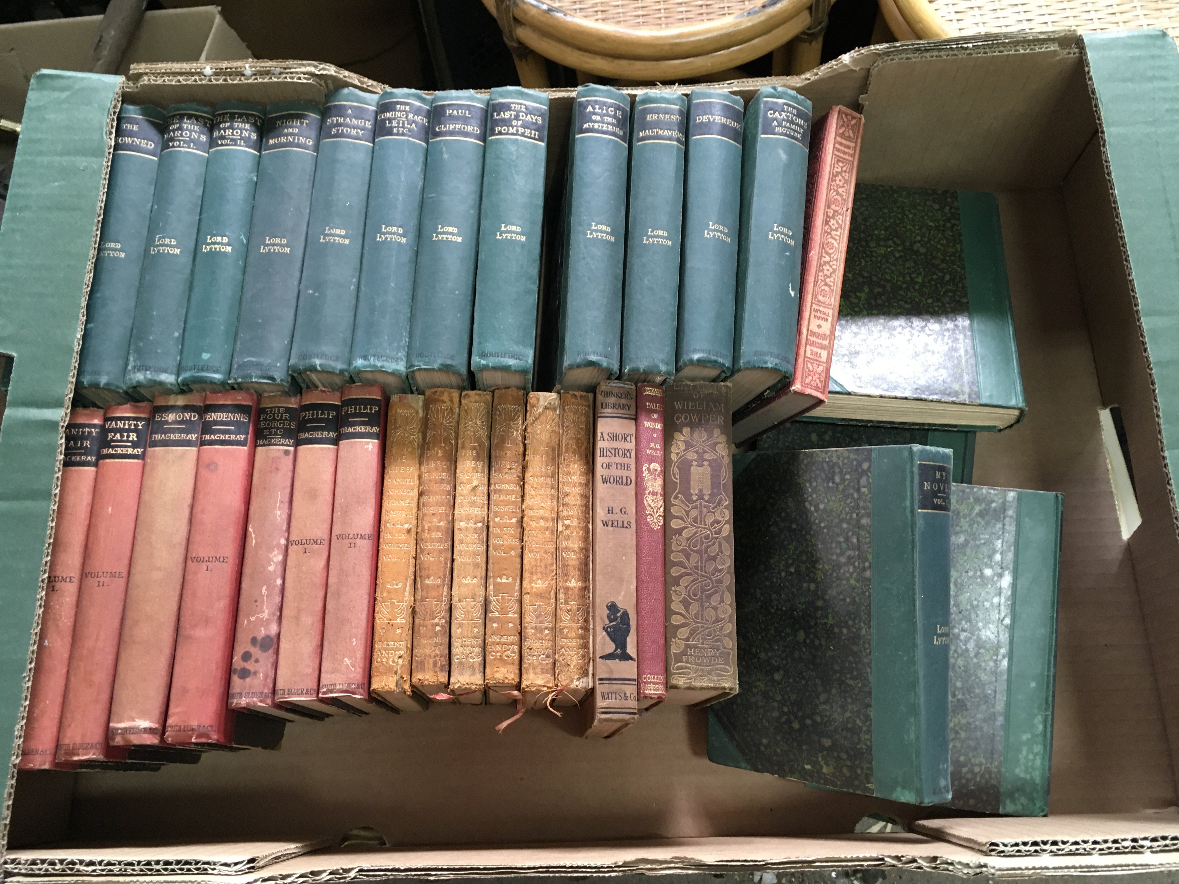 Two boxes of books including a short history of the world by H.G WELLS, the life of Samuel Johnson by James Boswell volumes ,Charles Dickens Waverley books , Folio society The life of Charlemagne etc. postage category C x2