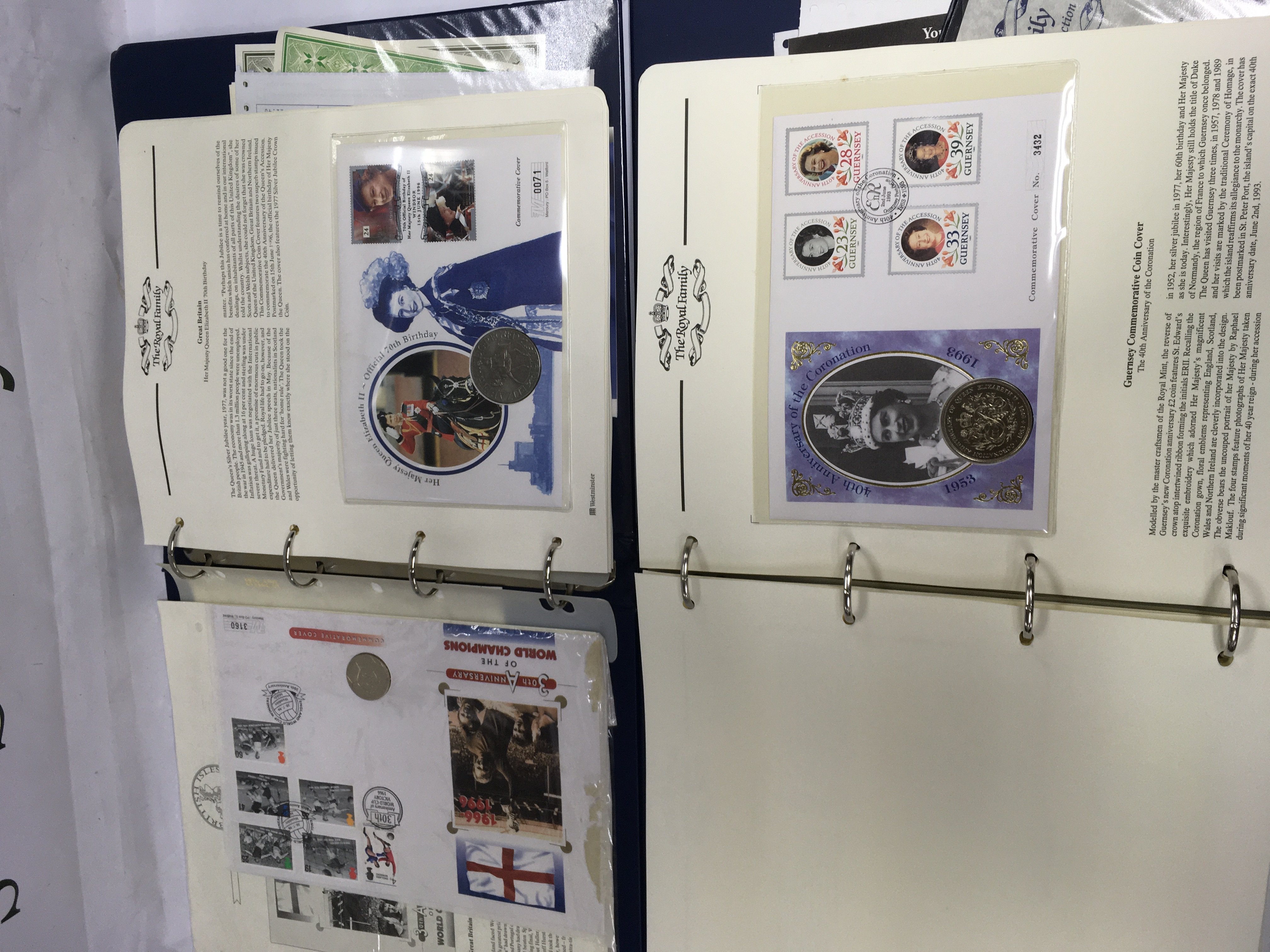 Five binders of mixed coin and stamp covers, coins including silver examples etc. Shipping category D.