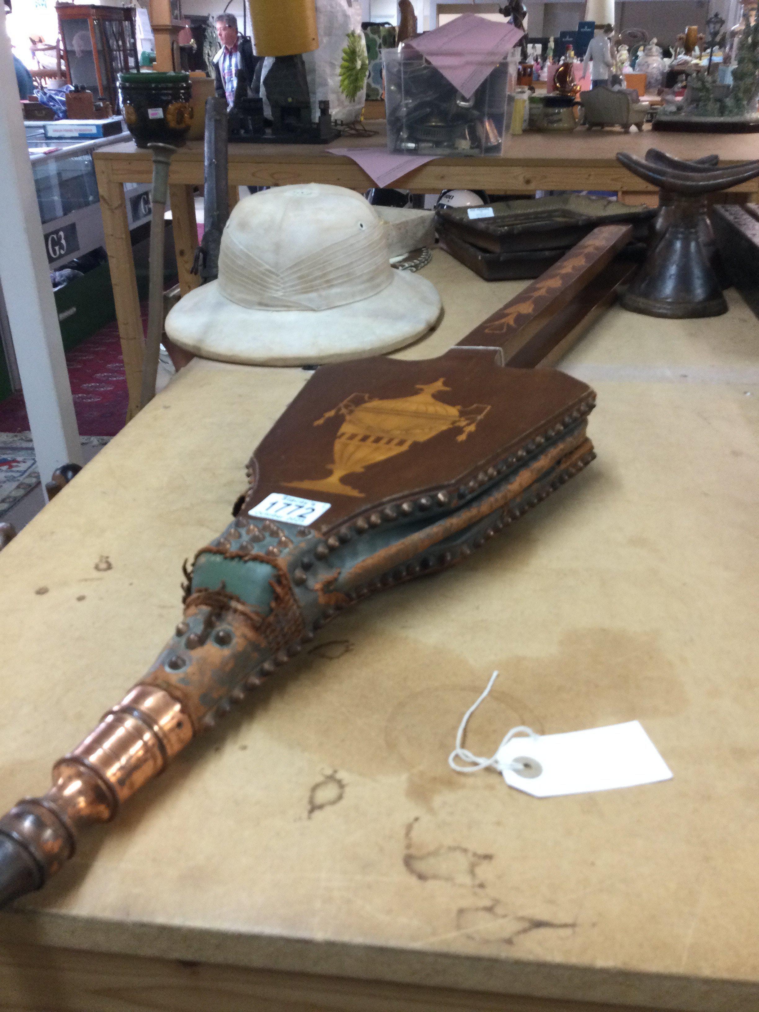 A Victorian coach horn, warming pan , large set of inlaid bellows. NO RESERVE