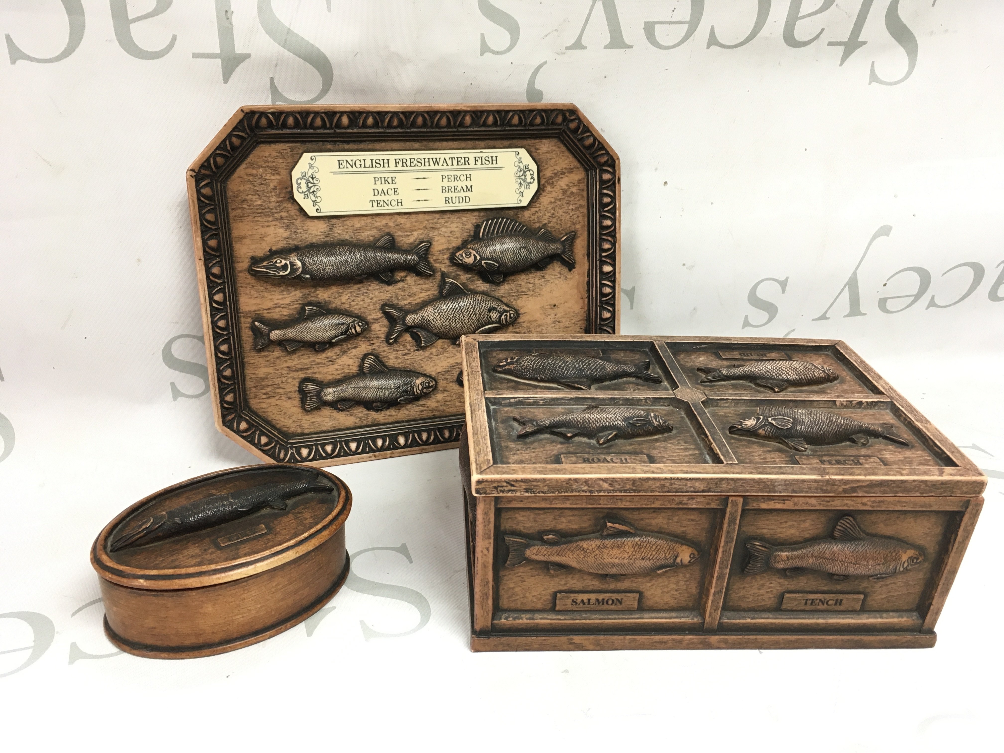 Carved Wooden fish boxes and a display , made in England . Postage catB