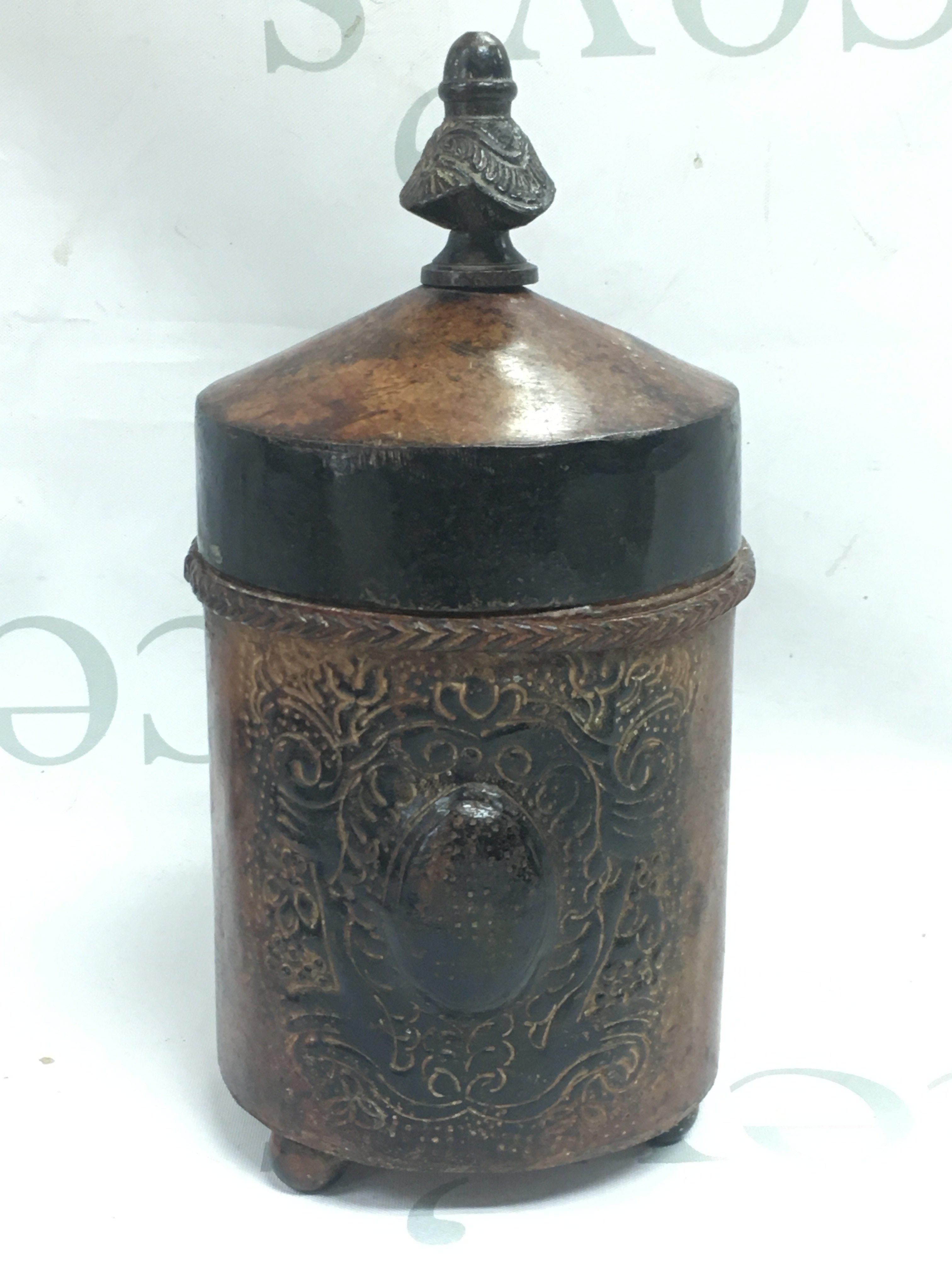 An unusual Victorian metal cylinder box with lid, possibly for cigars . Postage cat B