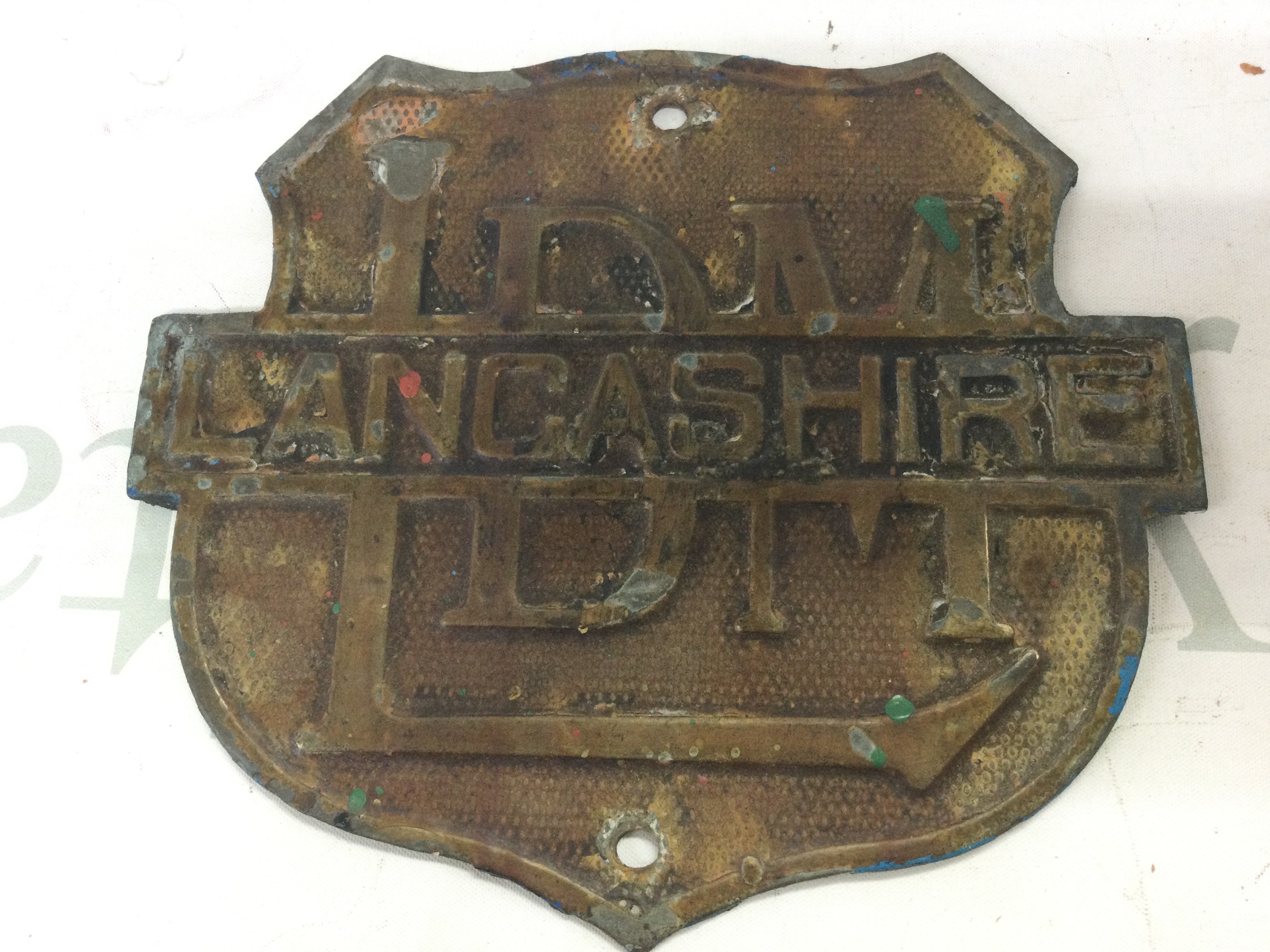 Victorian brass advertising sign Lancashire L.B.M. 21cm wide 18Cm tall. Postage category b