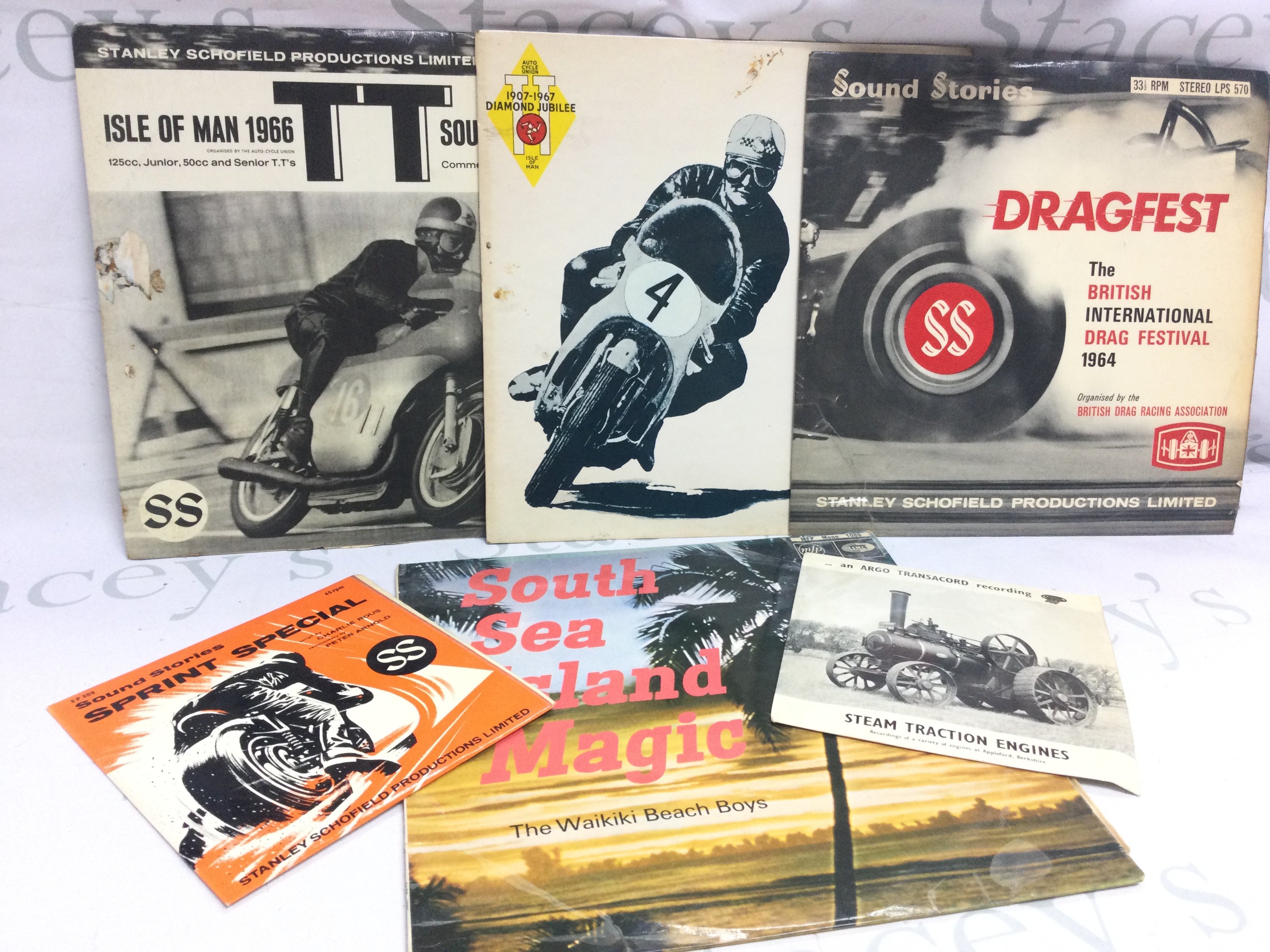 Motorist Sound Stories Vinyl records including Isle Of Man 1966 TT by Stanley Schofield productions, Isle of Man TT 1967 part 1 , Dragfest British International drag festival 1964, Sprint Special , Steam traction engines Argo Transacord recording, South Sea Island Magic the Waikiki beach boys.