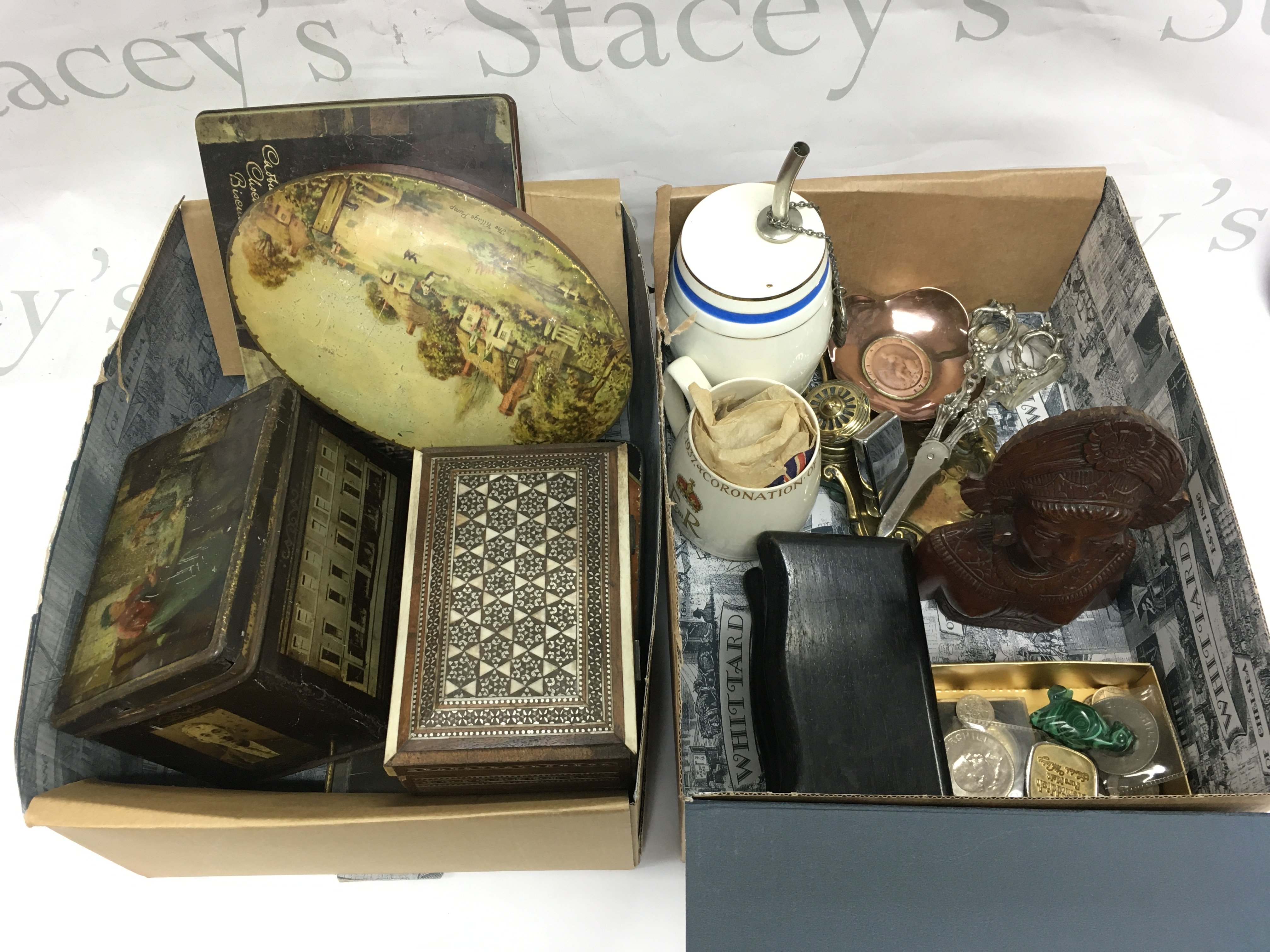 Two boxes of vintage tins and other interesting items including grape scissors, coins, brass inkwell etc. Shipping category D.