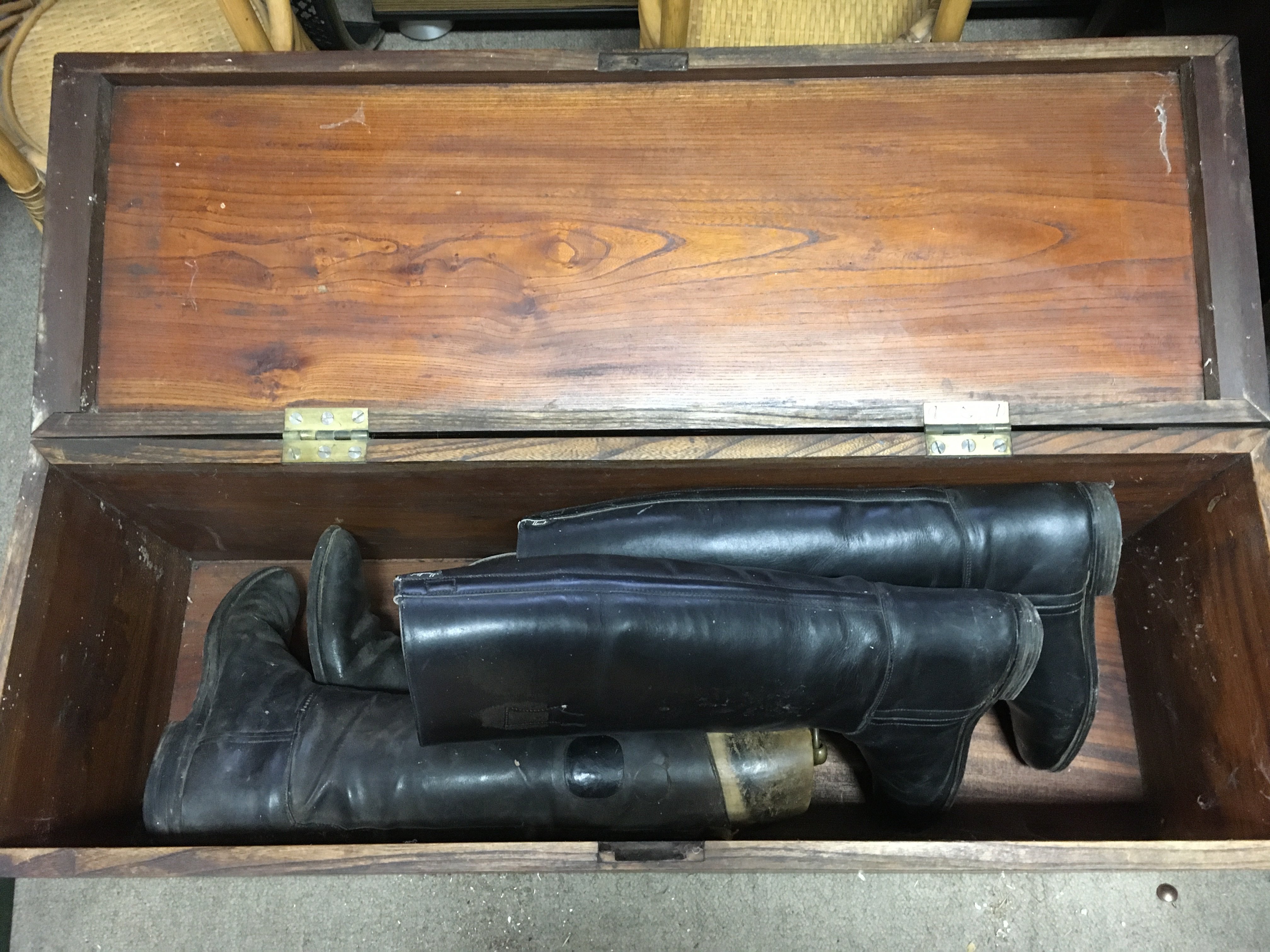 Vintage leather riding boots Hawkins size 8 made in England and in a 19th century elm box 30cm deep 92cm wide 35cm tall.