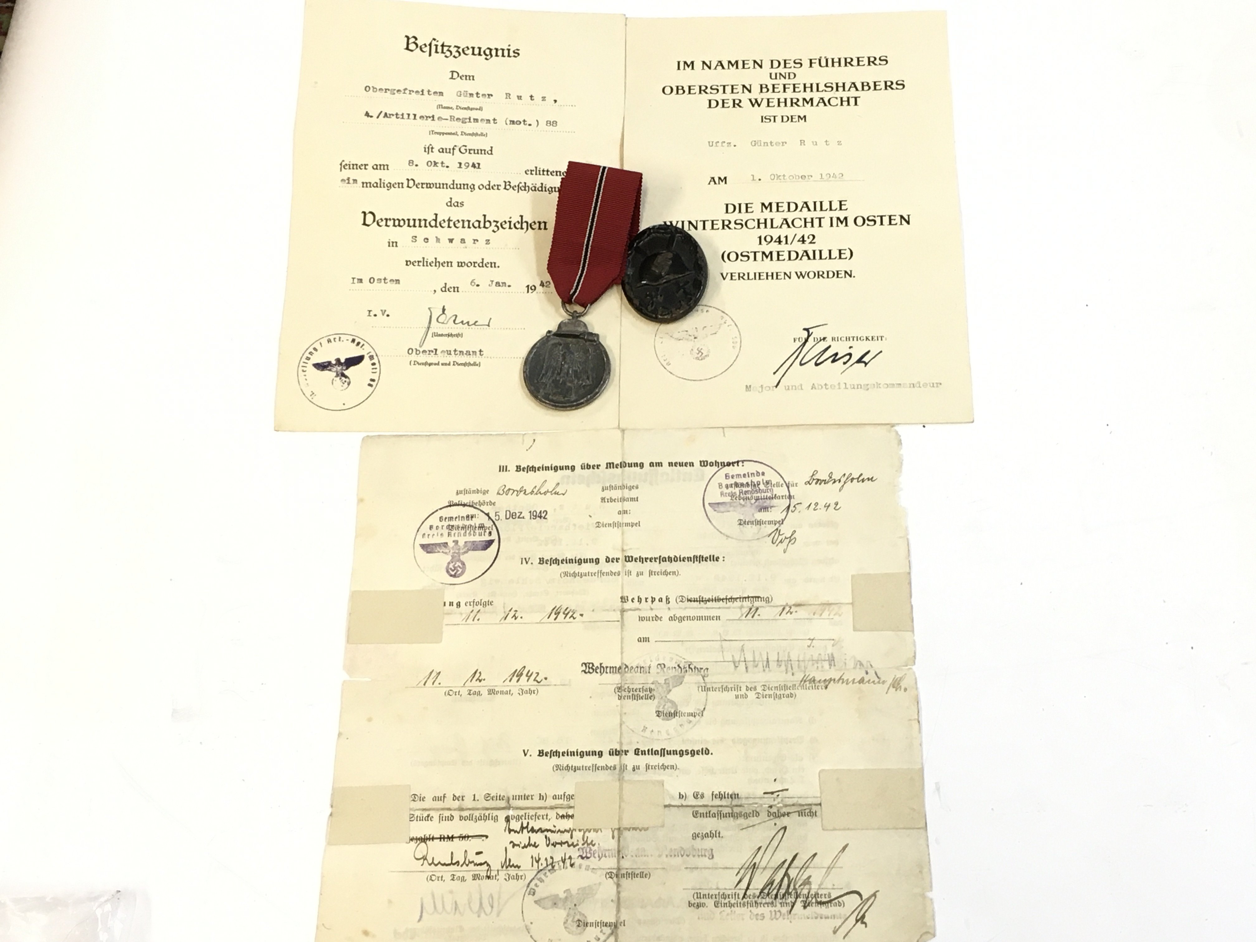 WW2 German Third Reich awards and citations to Gunter Rutz. Postage category A