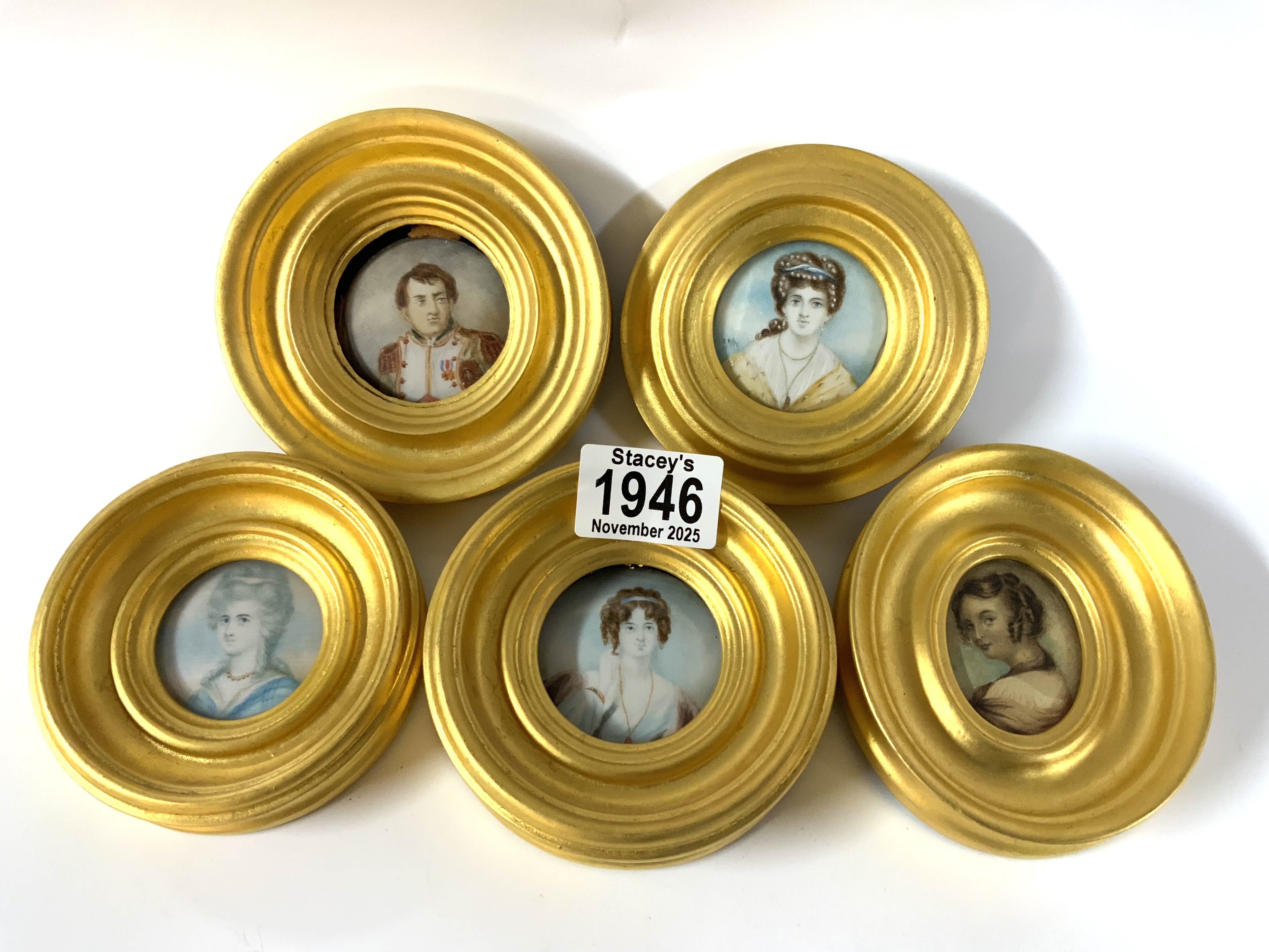 5 small gilt framed miniature paintings.