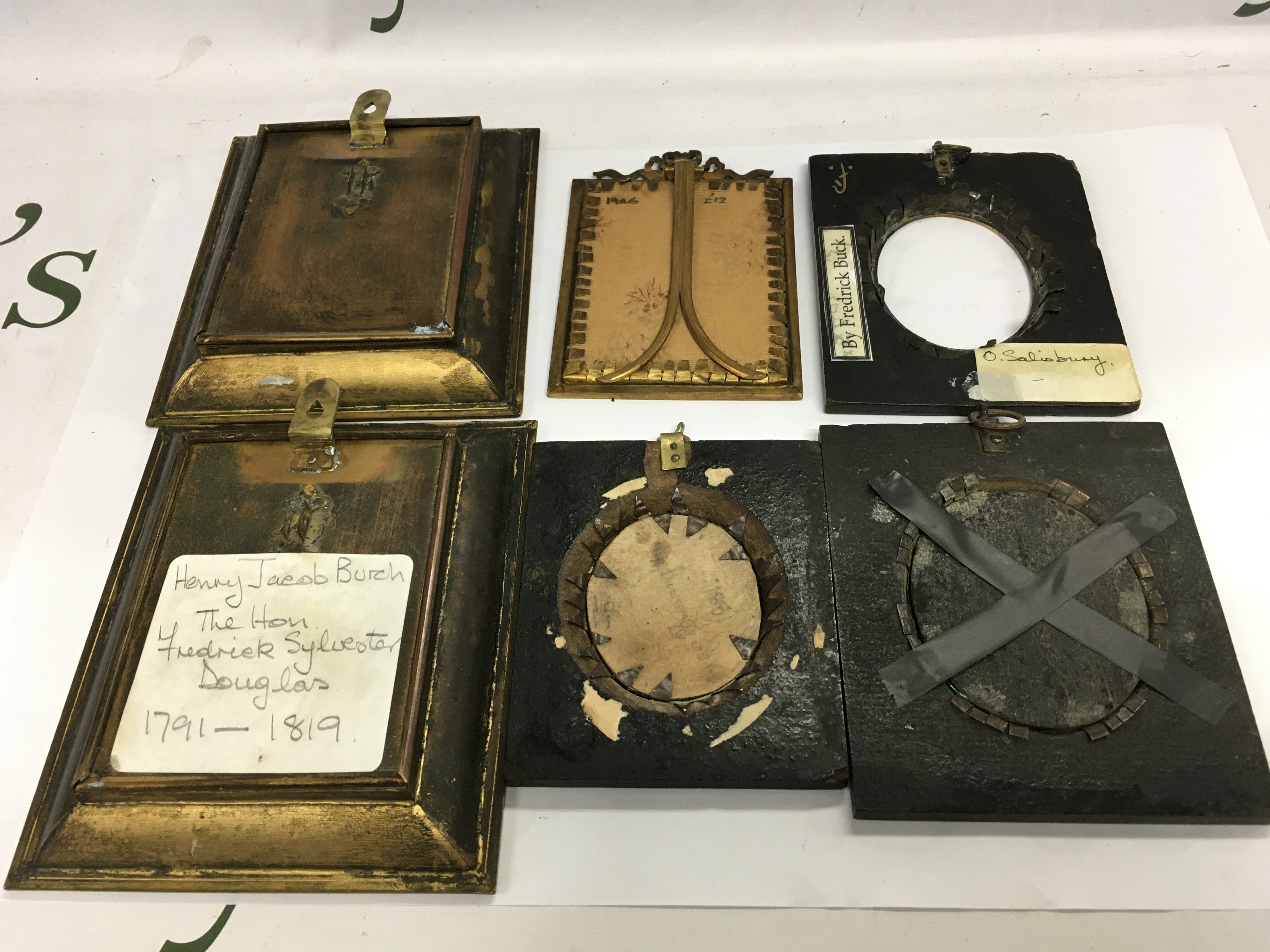 Four framed miniatures, comprising Henry Jacob Birch by Sylvester Douglas, two gilt framed portraits of ladies, oval Officer portrait and two ebonised frames