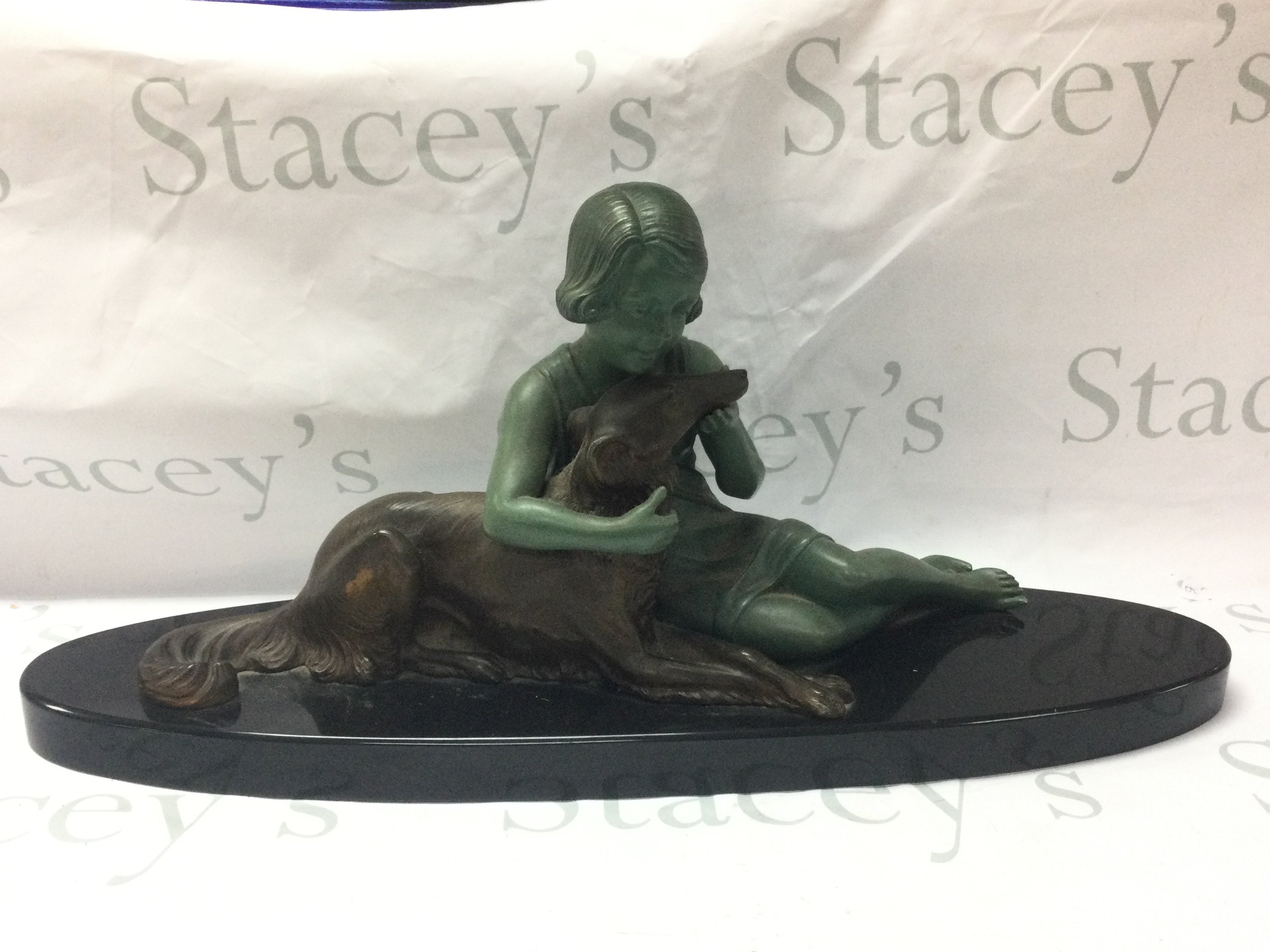 Armand Godard, bronzed French Art Deco Girl and Borzoi Dog c.1920-30s. 29cm tall 64cm wide approx