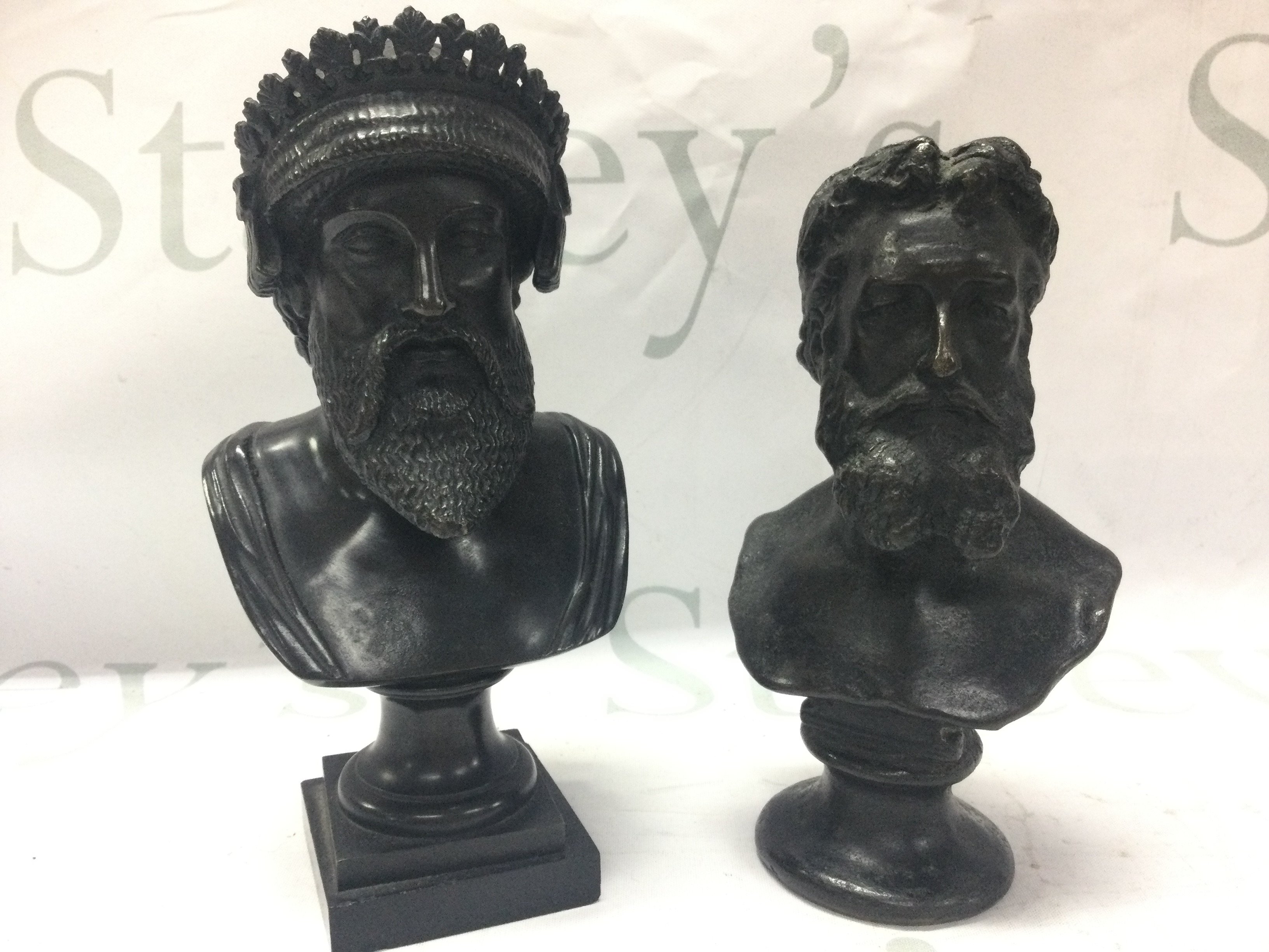 Two bronze busts, greek Zeus and Lord Leighton . 19 & 16cm tall. Postage category B