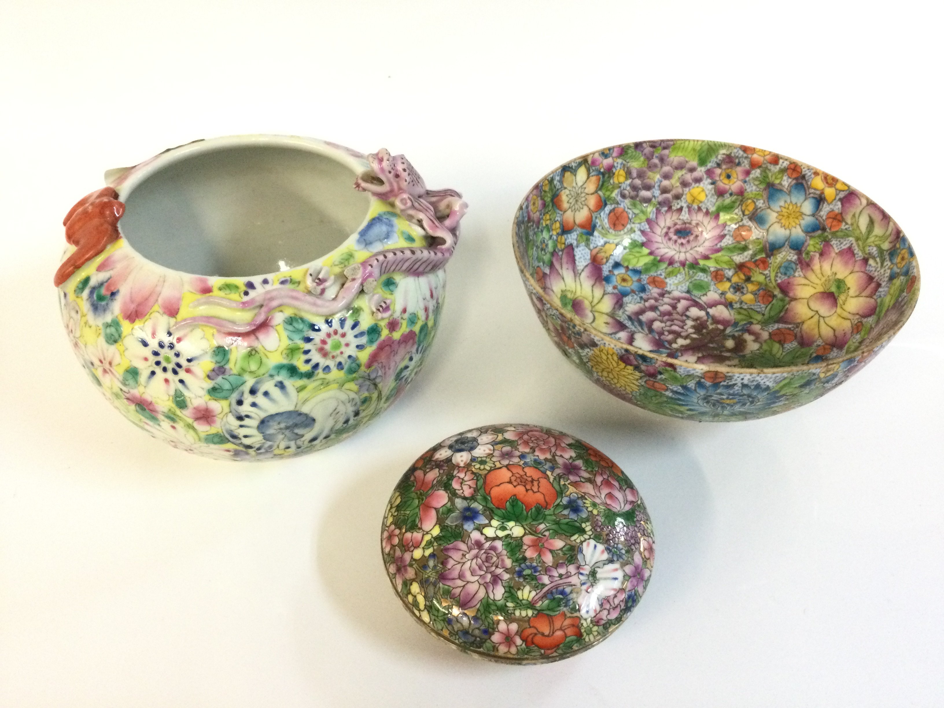Chinese Mille Fleur ceramics including vase with dragon (11cm tall) , bowl (6.5cm tall) and trinket box with six character mark to base. (4cm tall) This lot cannot be posted