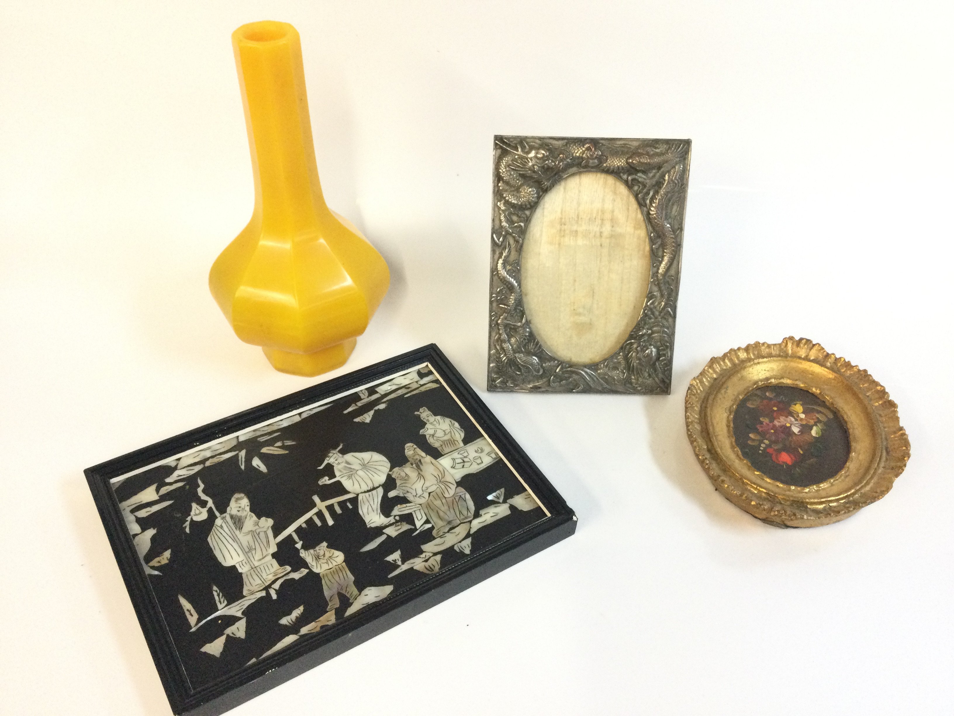 Chinese lacquer and mother of pearl scene picture , yellow glaze peking vase 19cm tall , dragon picture frame and a miniature picture. This lot cannot be posted