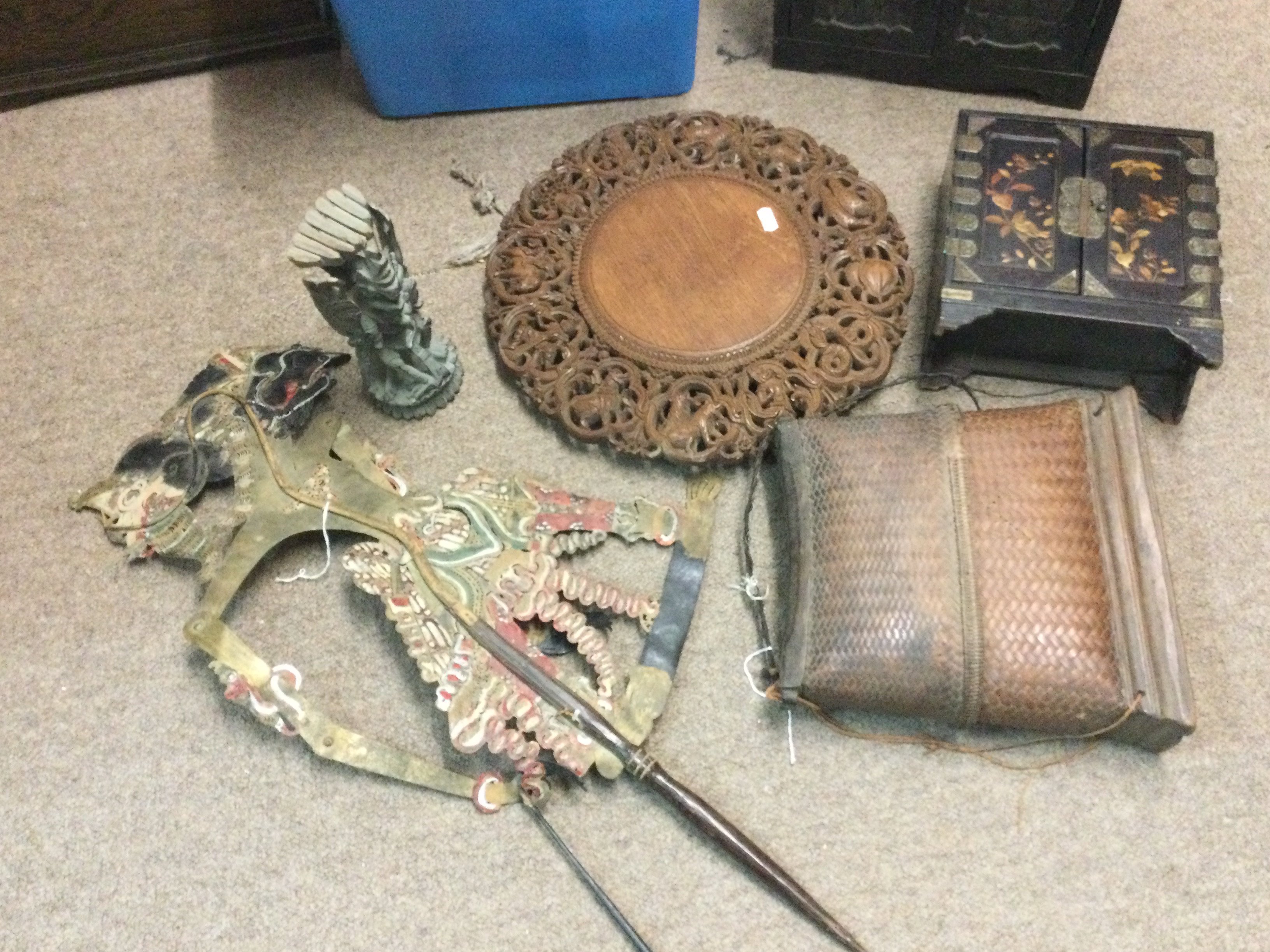 Chinese items including a small jewellery cabinet box, larger cabinet, Indonesian sculpture figure , wooden carved tray. This lot cannot be posted