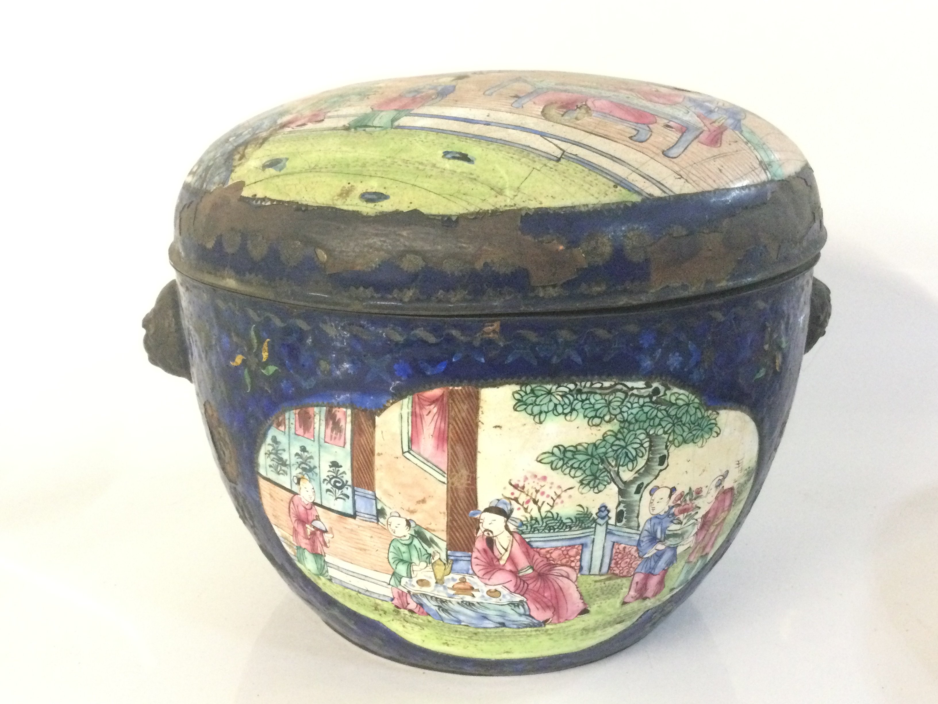 A Chinese Cantonese enamel bowl and cover , 15cm tall. Postage category b