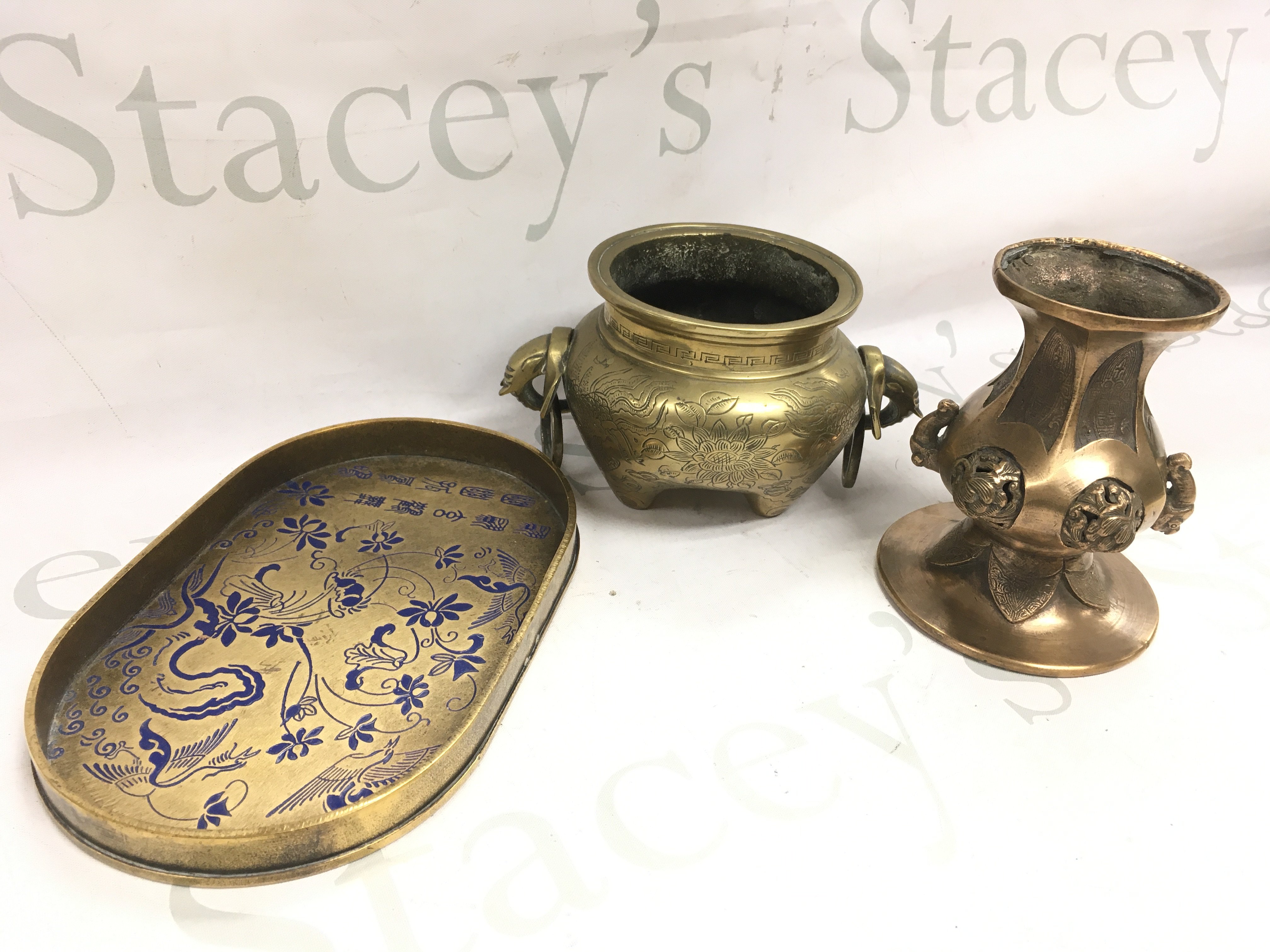 Chinese bronze censer (18cm wide 10cm tall) , Gu vase (13cm tall) , bronze tray (22cm wide) signed