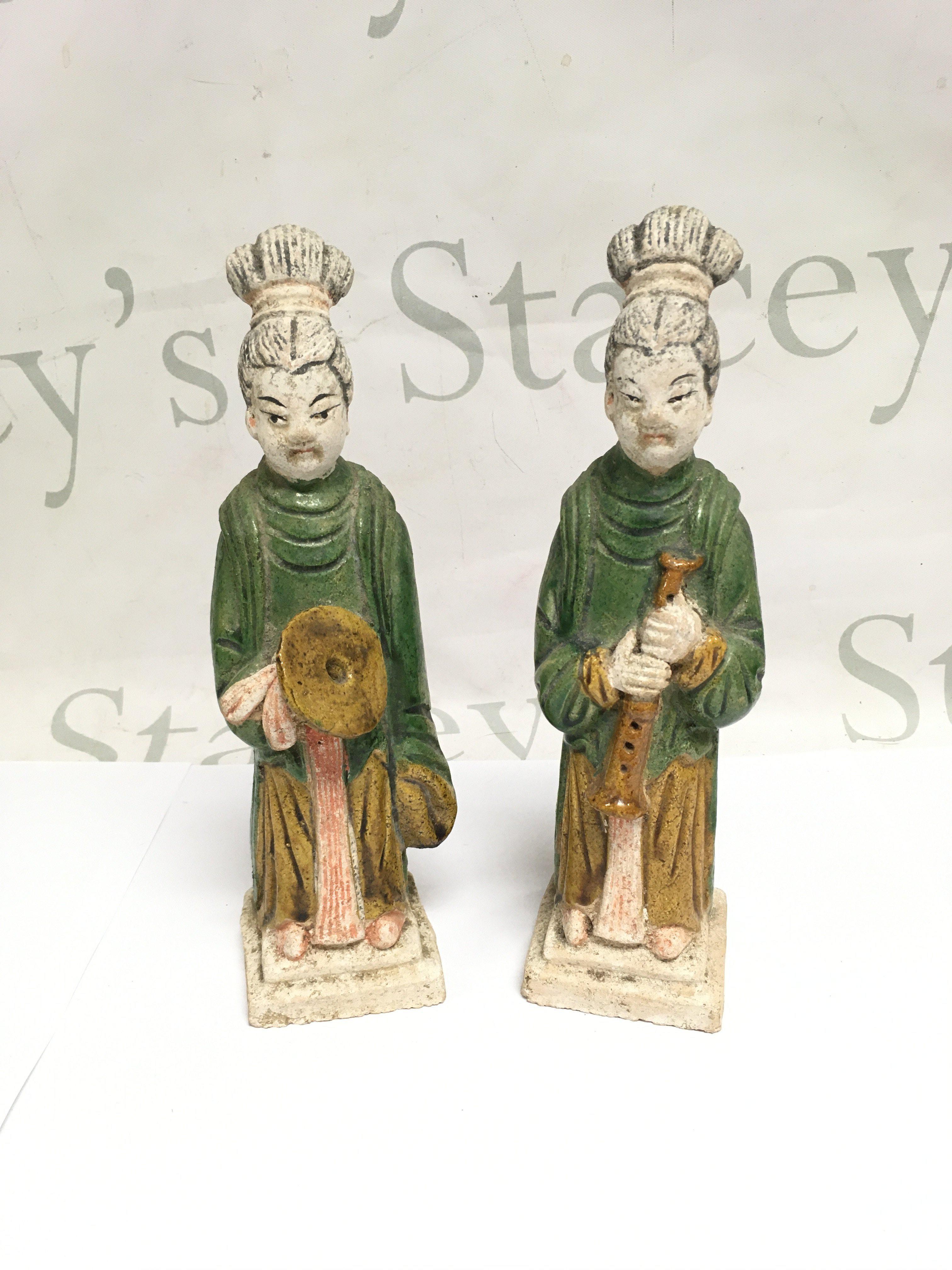 Two Chinese pottery figures of musicians, approx height 22cm. Shipping category D.