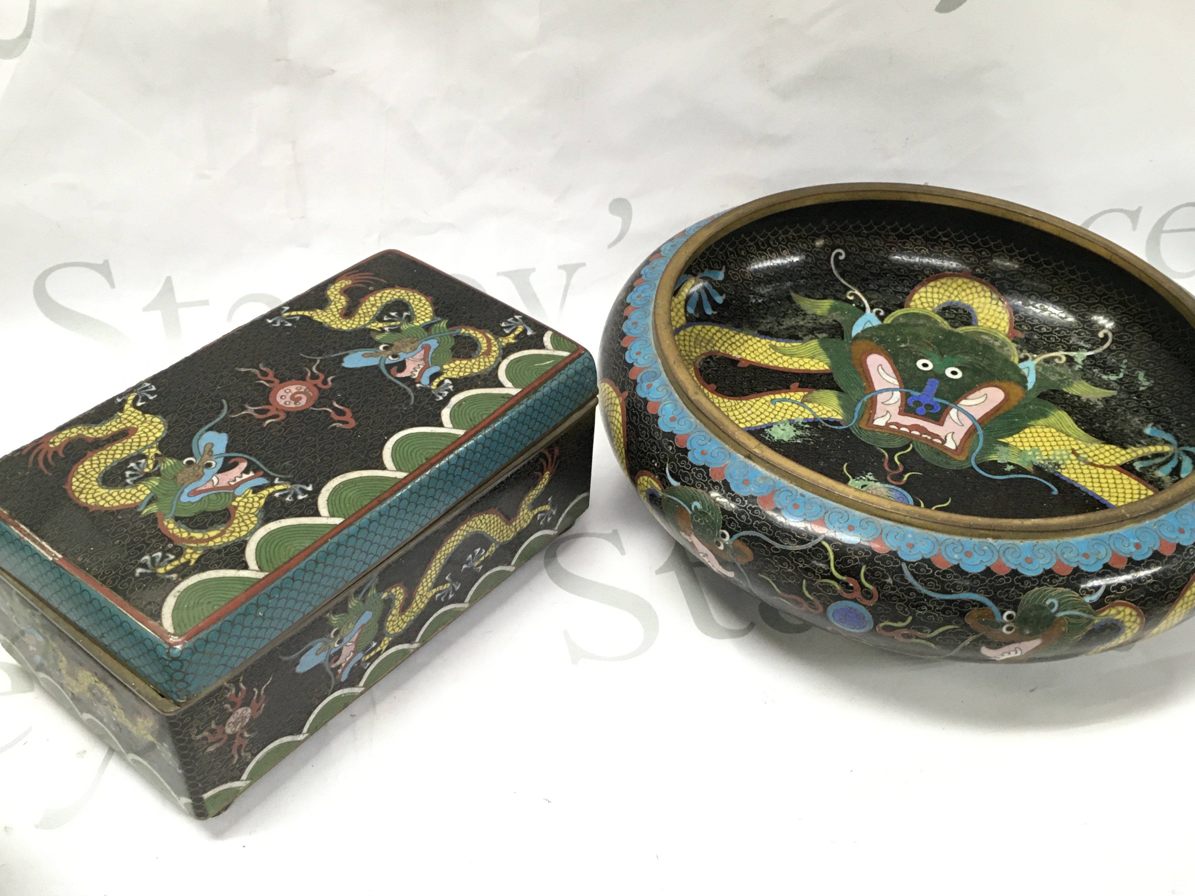 A Chinese Cloisonne Dragon box (17cm wide 8cm tall 9cm deep ) and dish, four character mark to base. (8cm tall 25cm wide). Postage category C