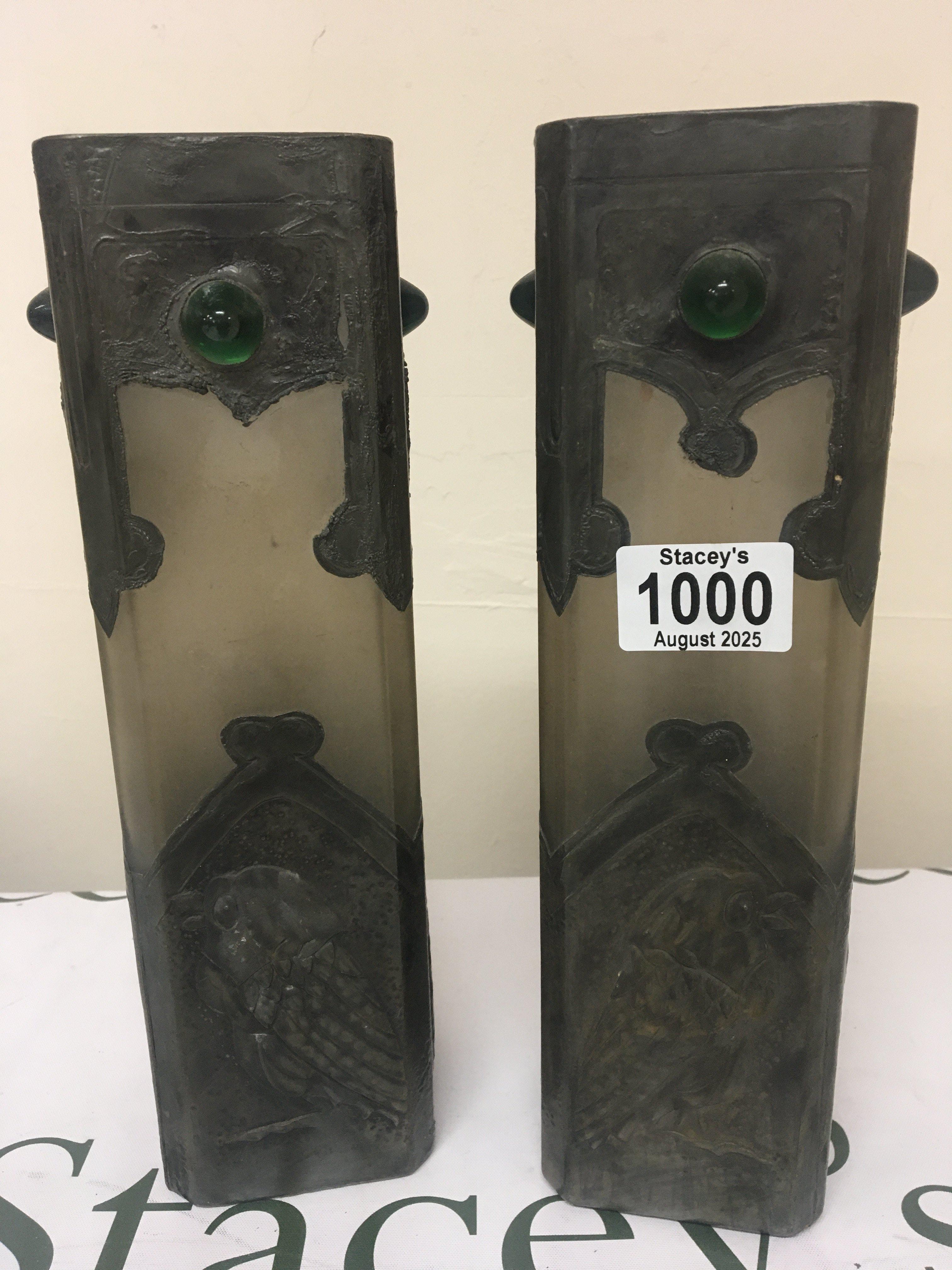 A pair of Unusual glass vases of square shape with applied pewter decoration with owls and raised green stone jewel. Height 28cm