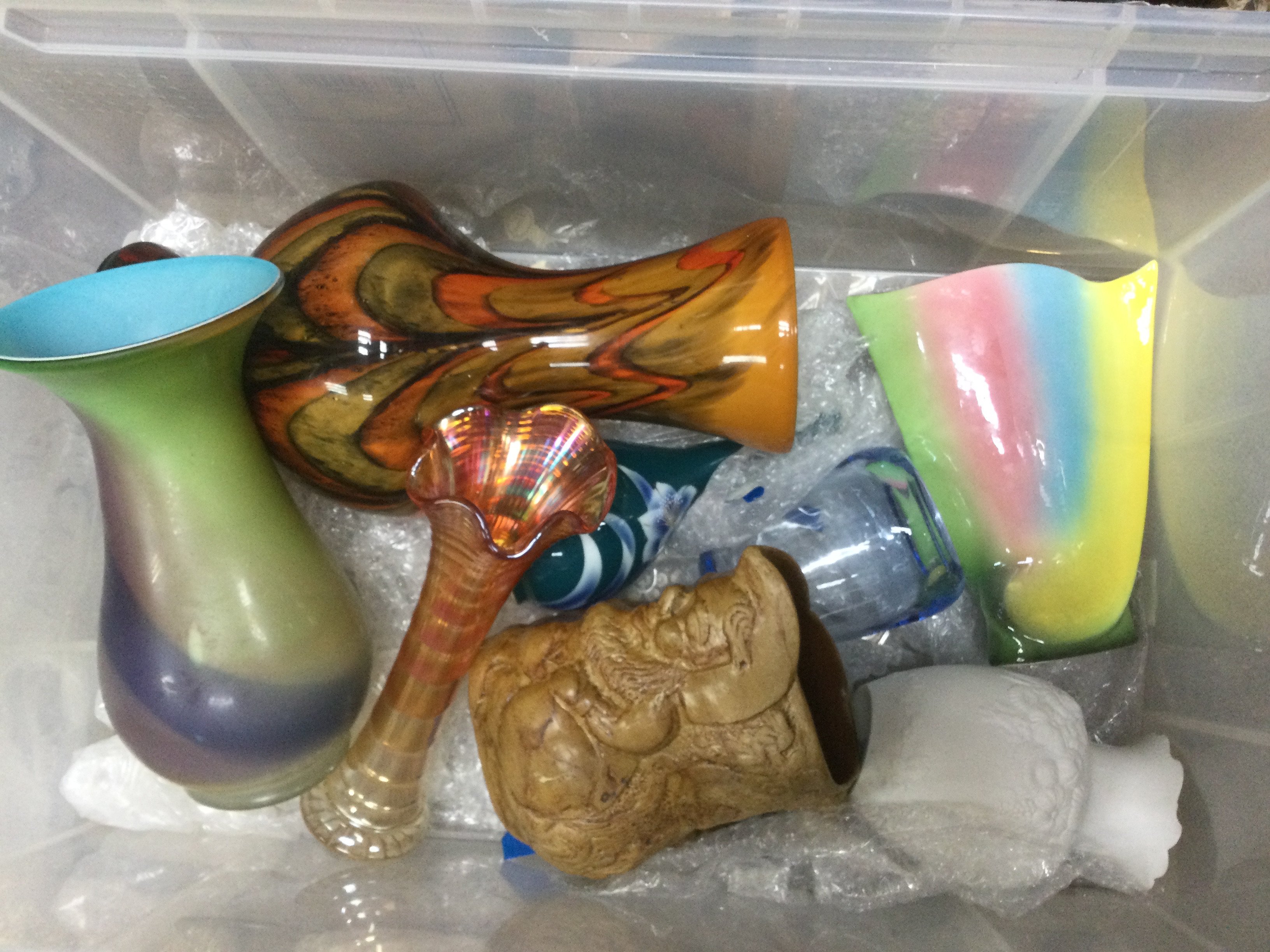 A collection of art pottery and glass vases. Shipping category D.