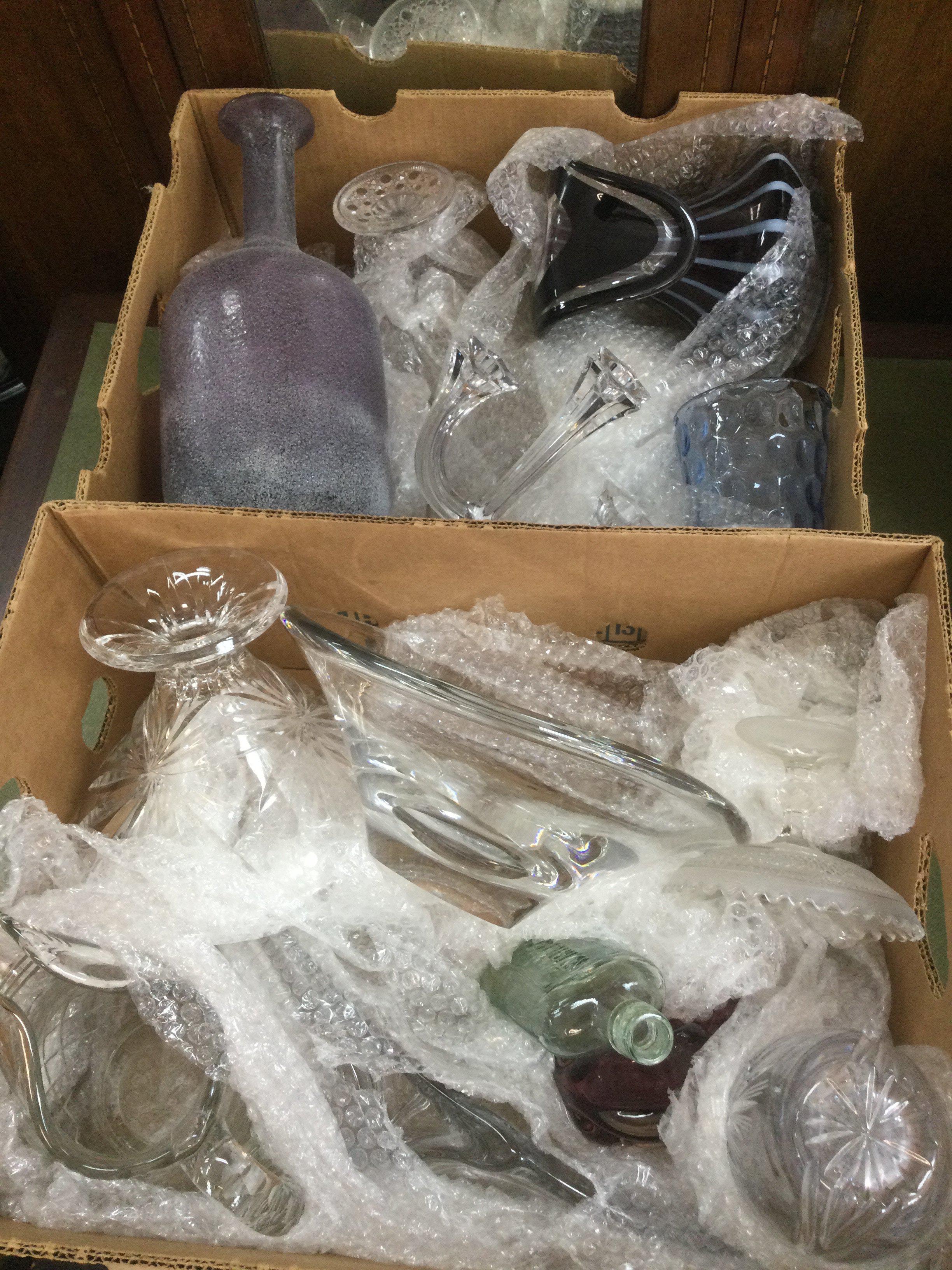 Two boxes of mixed glass items. Shipping category D.