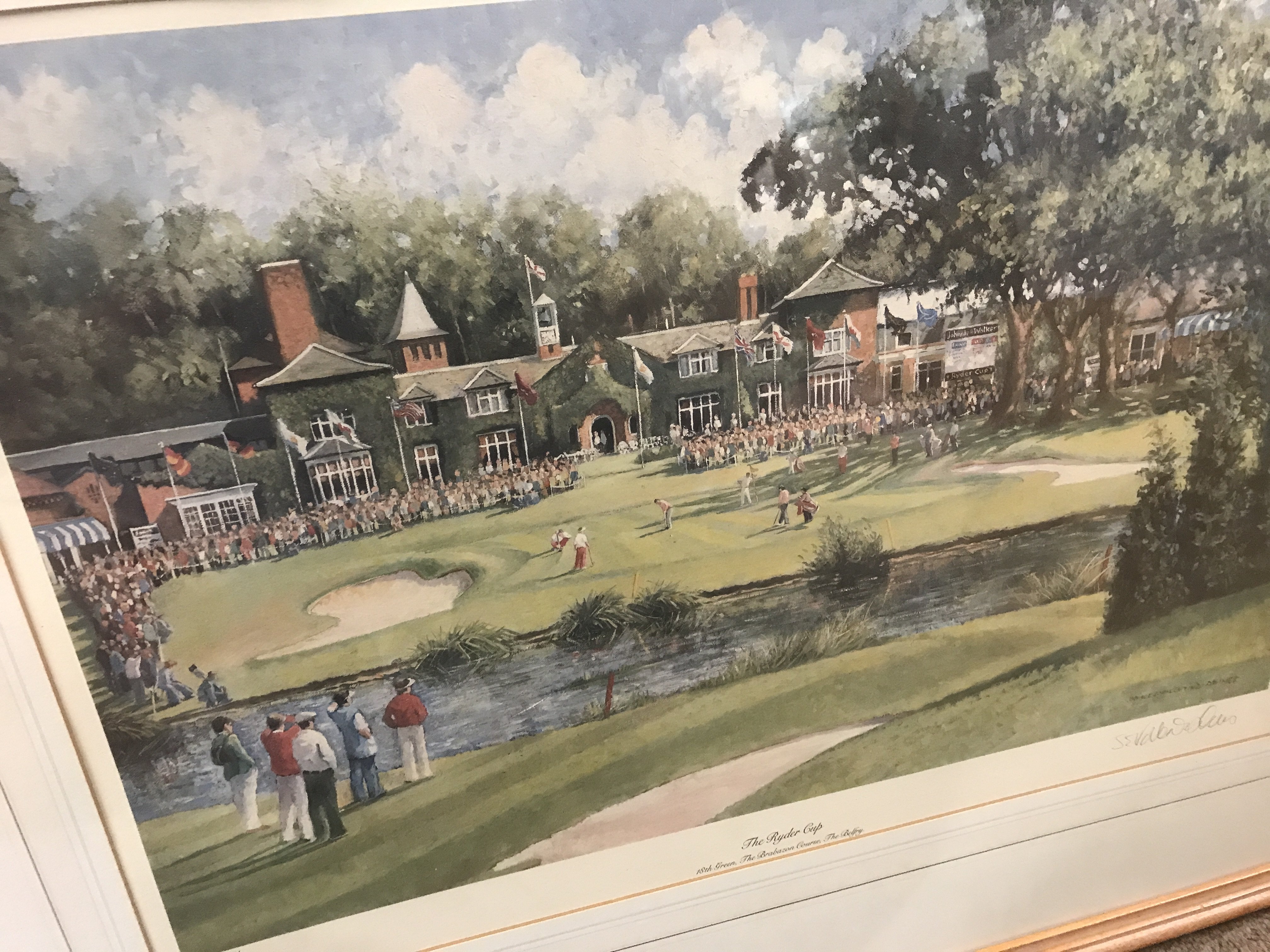 A collection of framed prints including Ryder Cup golf print by Sheree Valentine Daines, Victorian street scene cartoon sketch print, etc- NO RESERVE