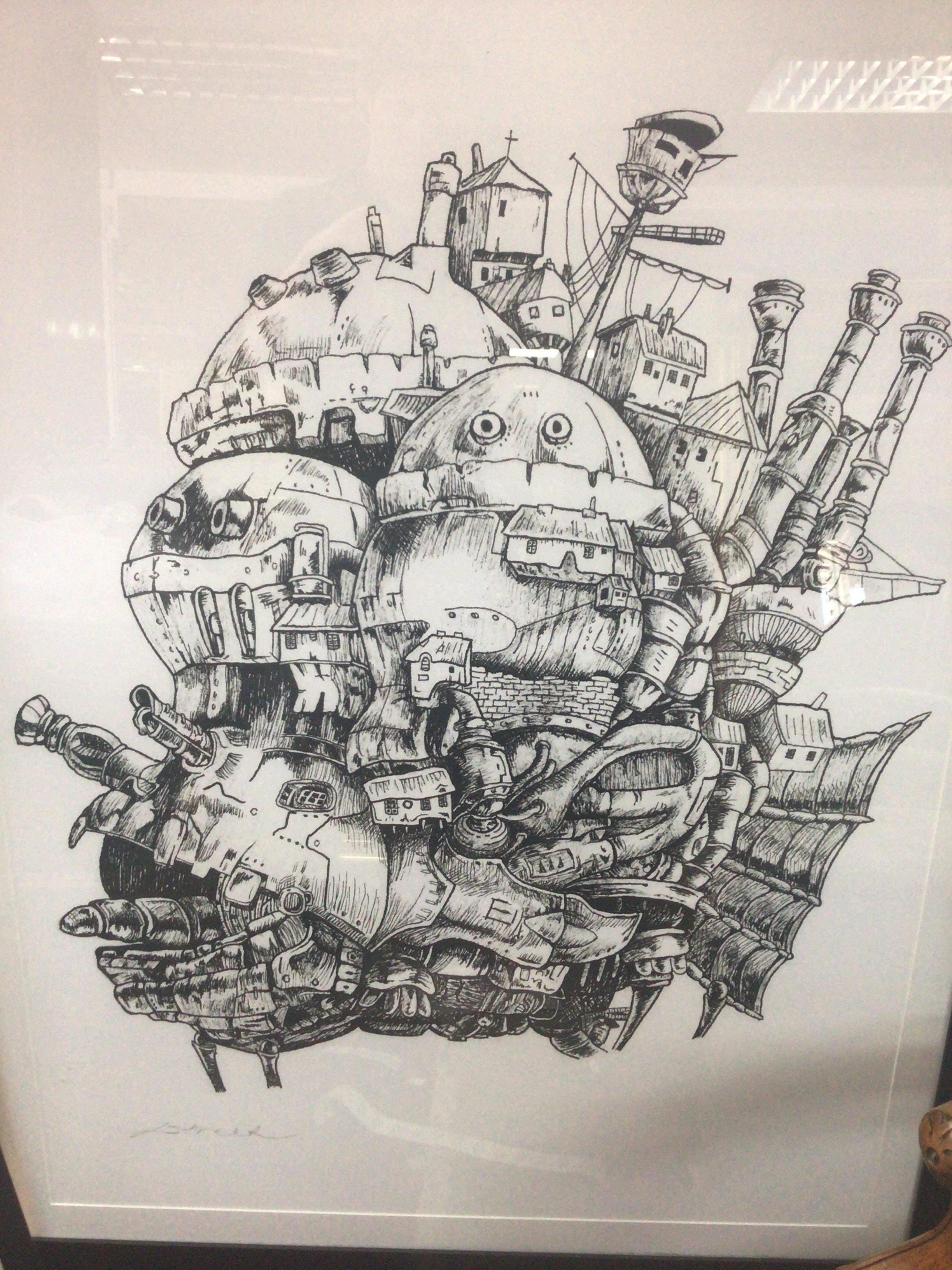 Two framed art works including an abstract painting and a large Howls moving castle anime print. Dimensions 65x106cm and 102x135cm This lot cannot be posted