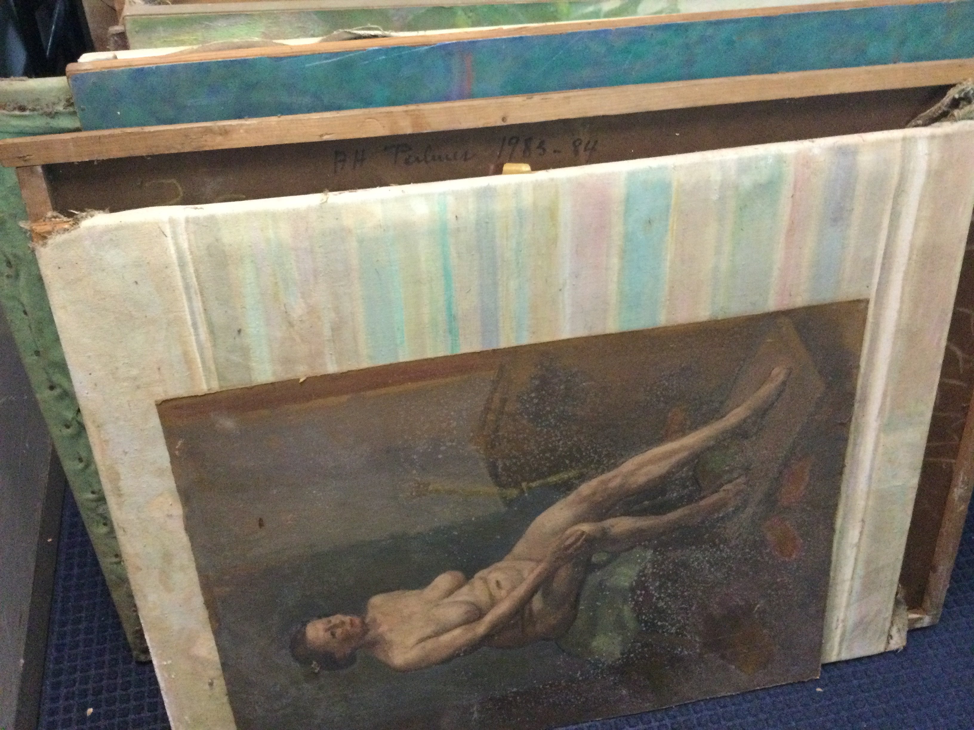 A collection of unframed Albert Harold Palmer (1911 - 1985 ) paintings including nudes, abstract etc. Artist and teacher, born in Northamptonshire, who studied art part-time, then full-time at Grimsby School of Art, 1923 - 9, worked in a London commercial art studio, 1929 - 33, then attended Royal College of Art, 1933 - 6. In 1938 he received a Travelling Scholarship from the College, also a Gold Medal. After copying House of Commons murals for the World Trade Exhibition in New York, 1938 - 9, Palmer from 1939 - 45 served in the Camouflage Corps, then spent 1947 - 9 in a tuberculosis sanatorium in Switzerland. He was on the staff of Maidstone Art School, 1950 - 4, from 1954 - 62 was lecturer in painting at Gravesend Art School, then acting principal; and was head of art and craft at Gravesend Adult Education Centre, 1962 - 77. From 1977 - 85 painted full-time at his own studio gallery in central London.