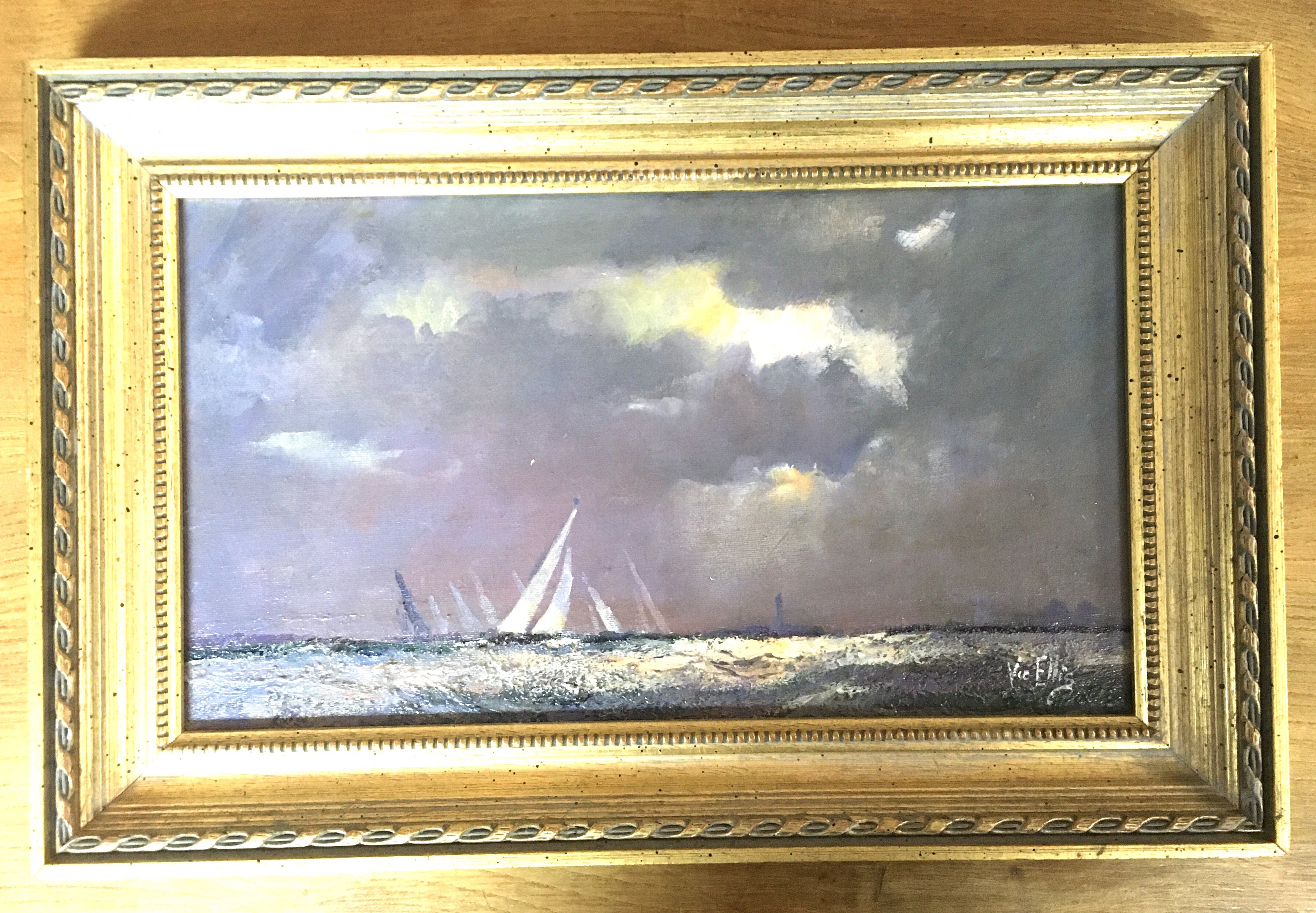 Vic Ellis, serial No. H25, oil on canvas titled. Sunday Evening at the Entrance to the River Branch. 44.5cm x 29.5cm.