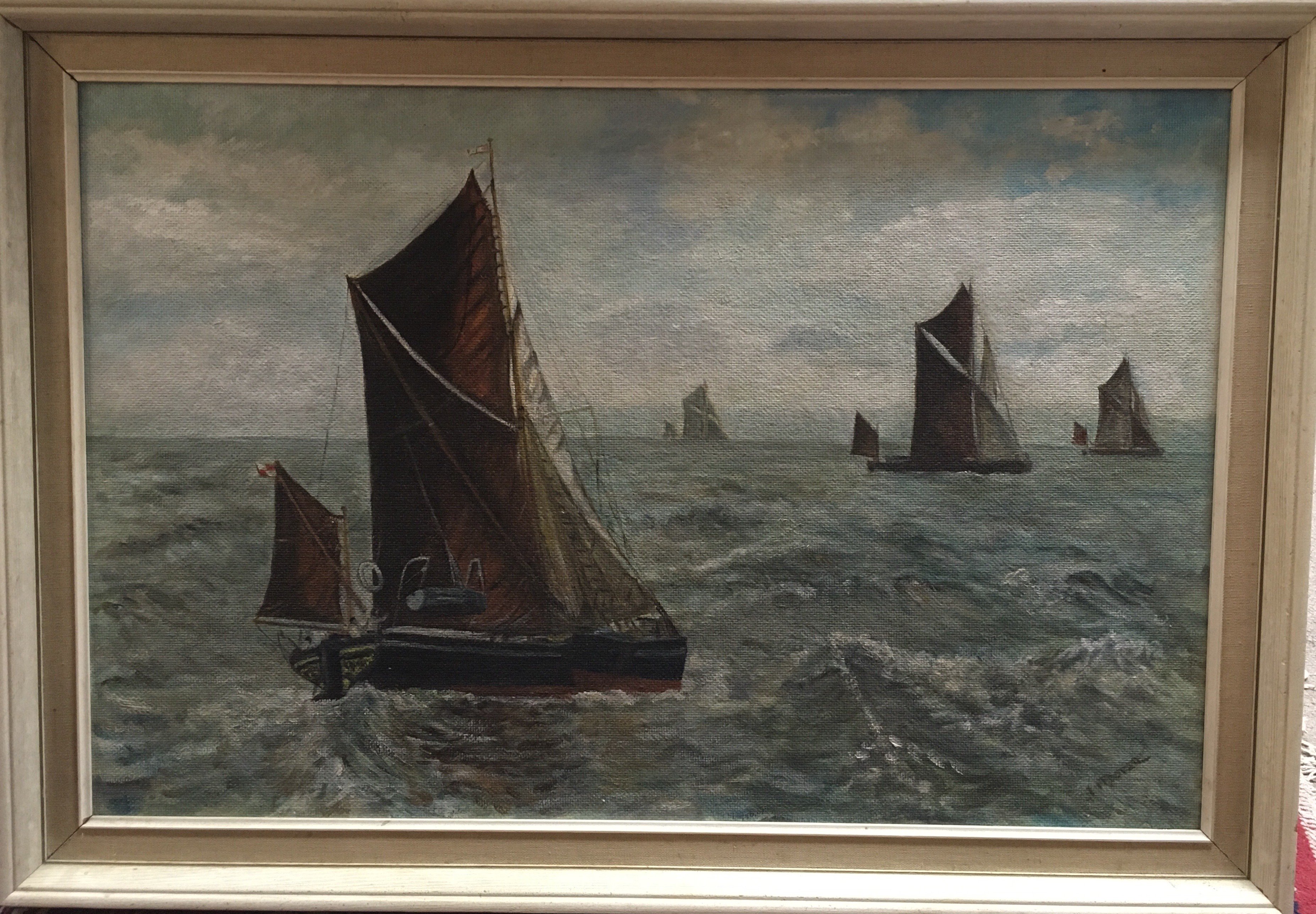 An Oil on board painting of Thames Barges signed I.Moise.
