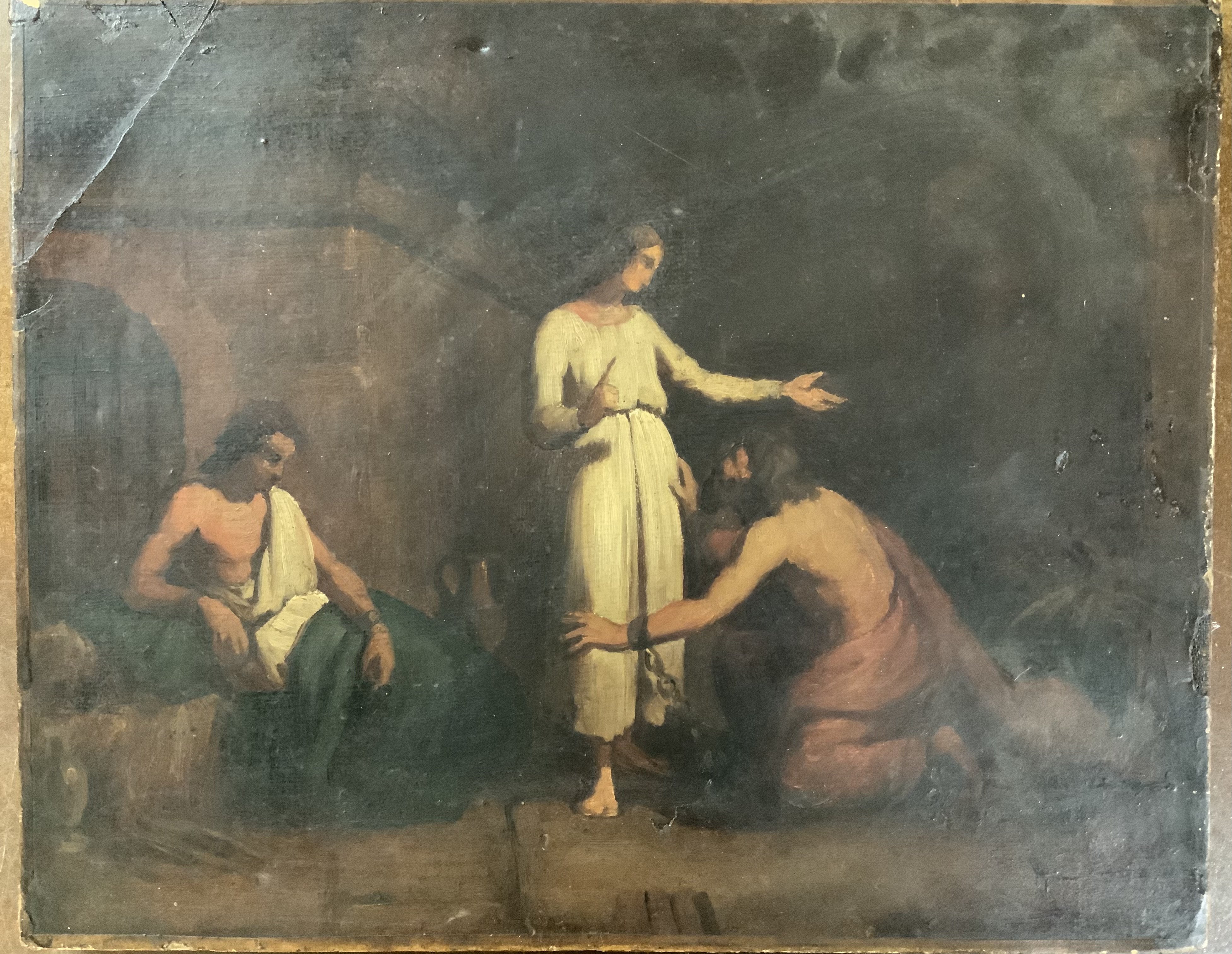 An early oil on canvas painting, religious subject, re-lined. 40cm x 32cm.