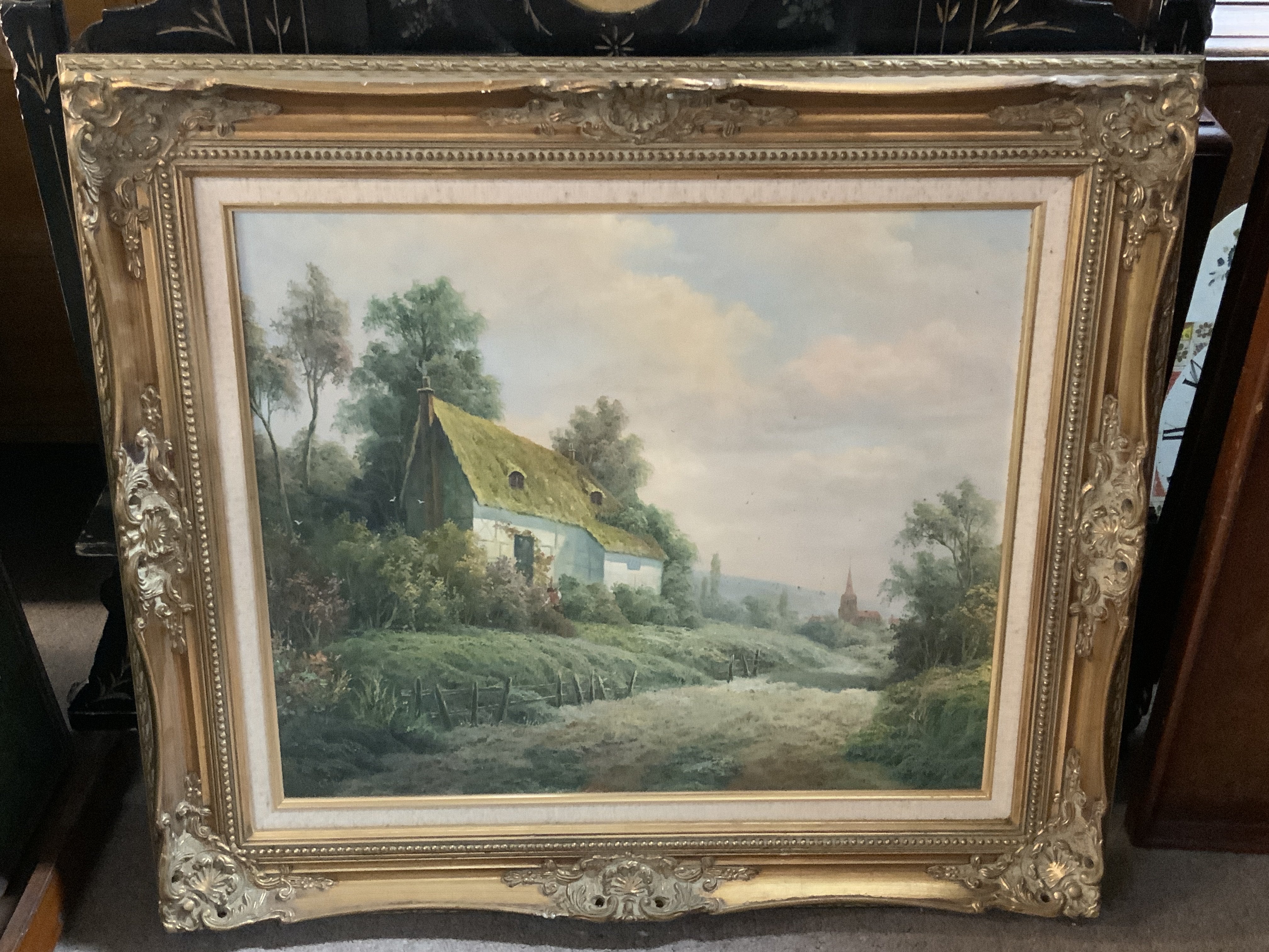 Andrew Grant Kurtis, Landscape oil on canvas with figures and sheep, J Harington on canvas landscape painting.