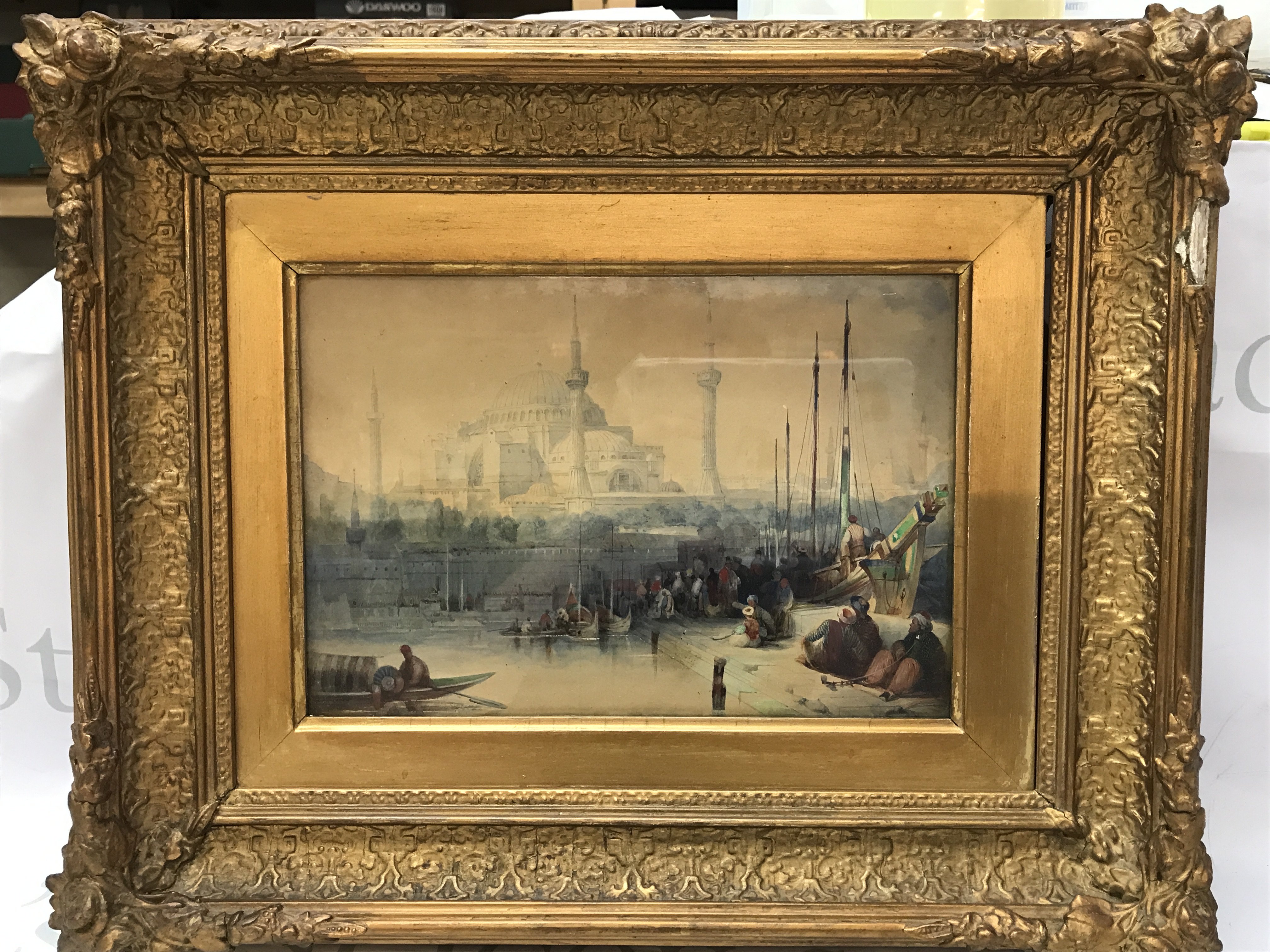 A gilt framed water colour view of Hagia Sophia in Istanbul, in the style of French artist Alexandre Clausels (1802 - 1884) Vue De Sainte Sophie. Frame dimensions 51x42 cm This lot cannot be posted