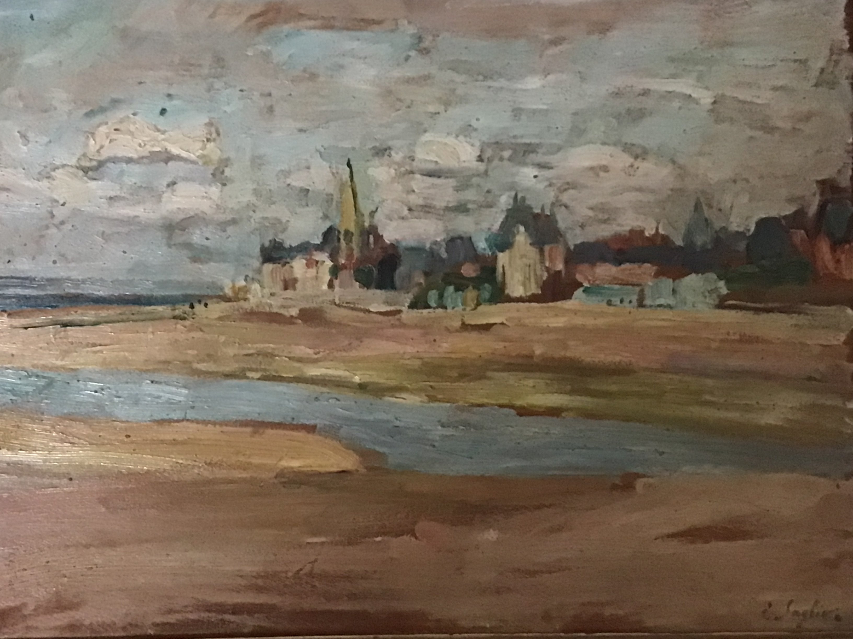 A French Impressionist oil painting on board a study of the French coast demonstrating the true French Impressionist style en plein air. Signed lower left Ed Saglio Edouard Saglio (1867-1907) 42x34cm approximately.