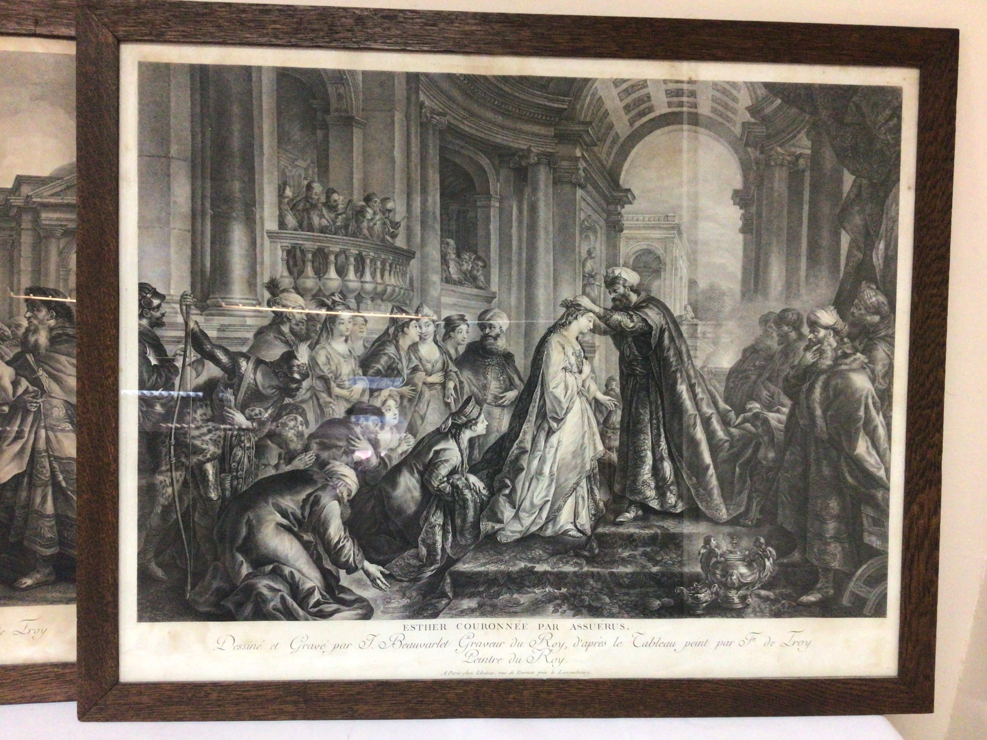 A Set of Four French 19th century black and white prints Classical Court scenes with figures in oak frames. 68x55cm (4)