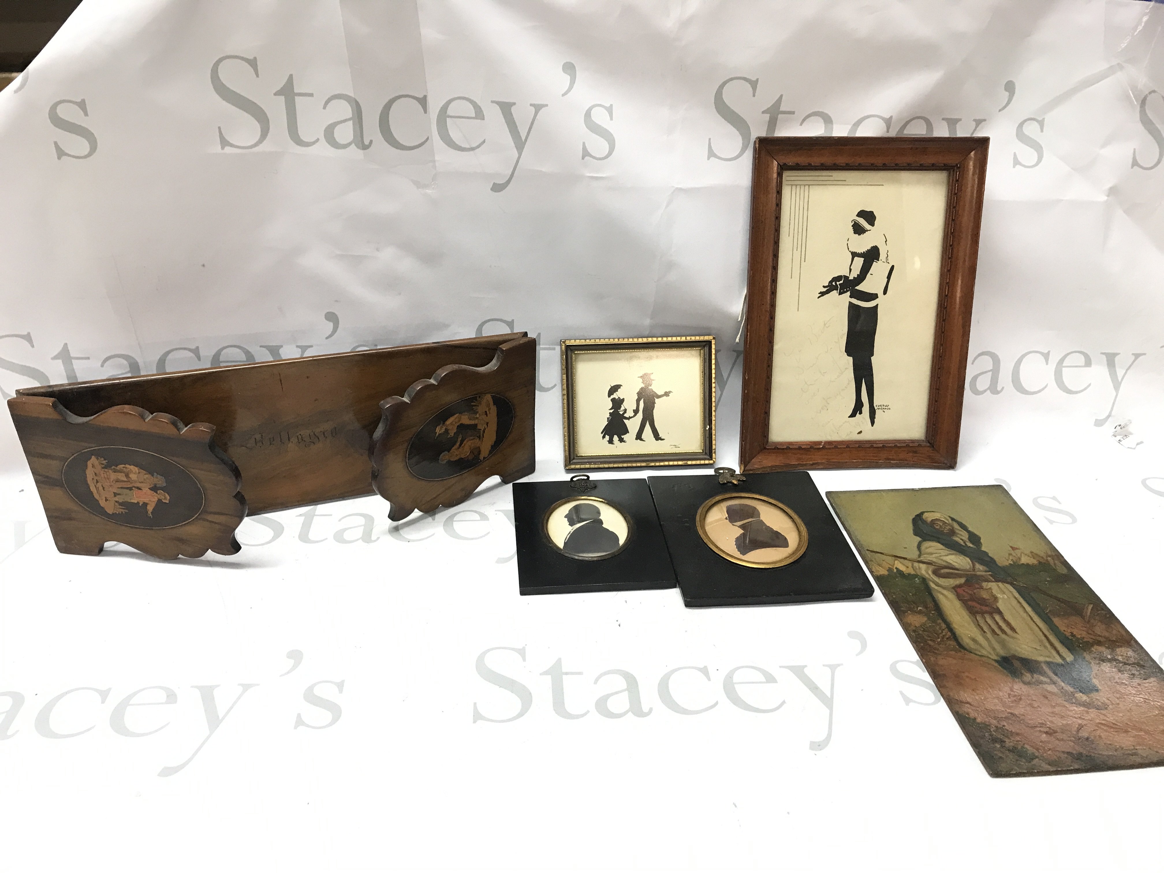 Silhouette portraits , sorrento ware and framed watercolour paintings. This lot cannot be posted