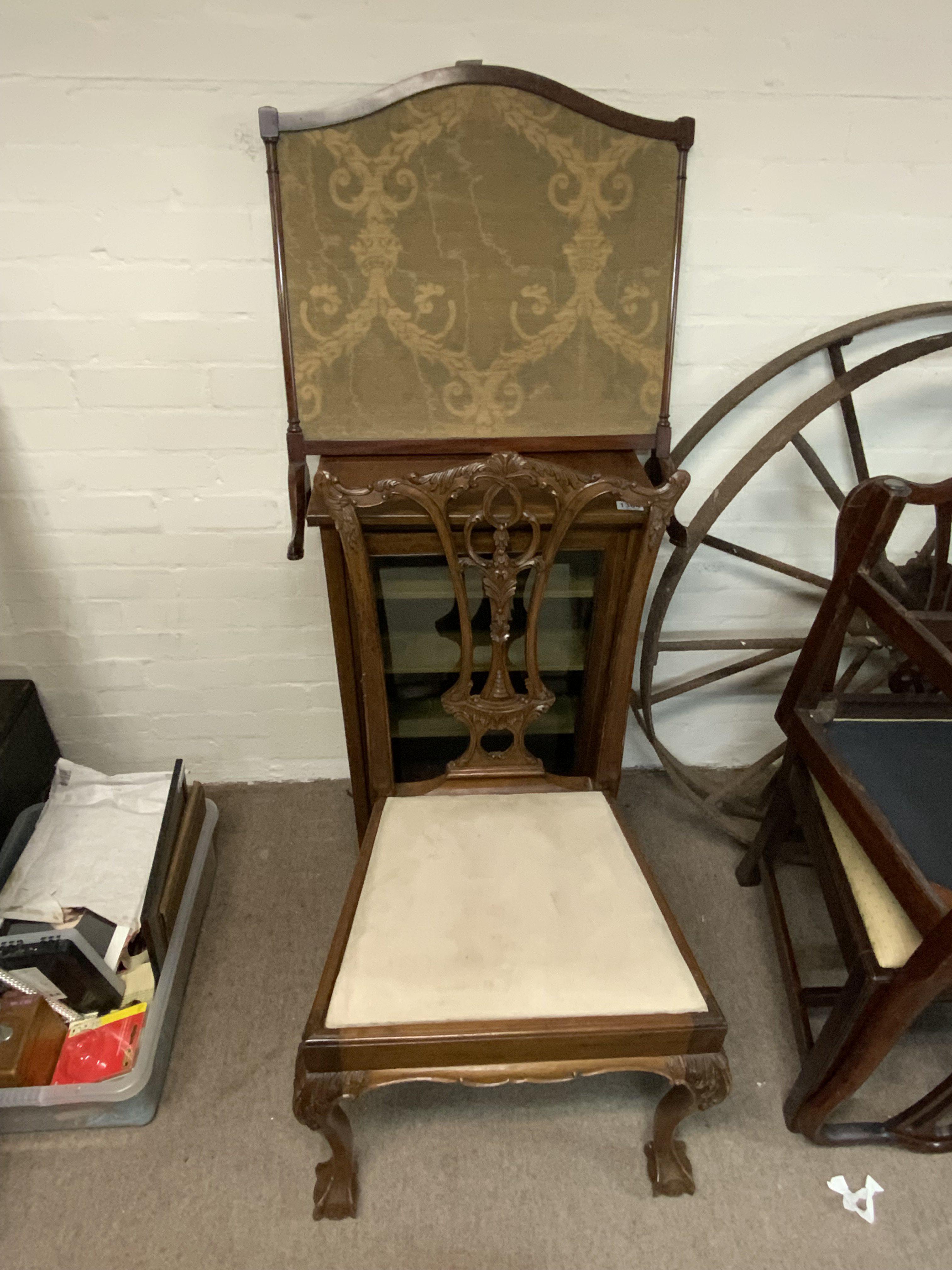 An Edwardian music cabinet, small occasional table, pair of dining chairs, small edwardian fire screen.
