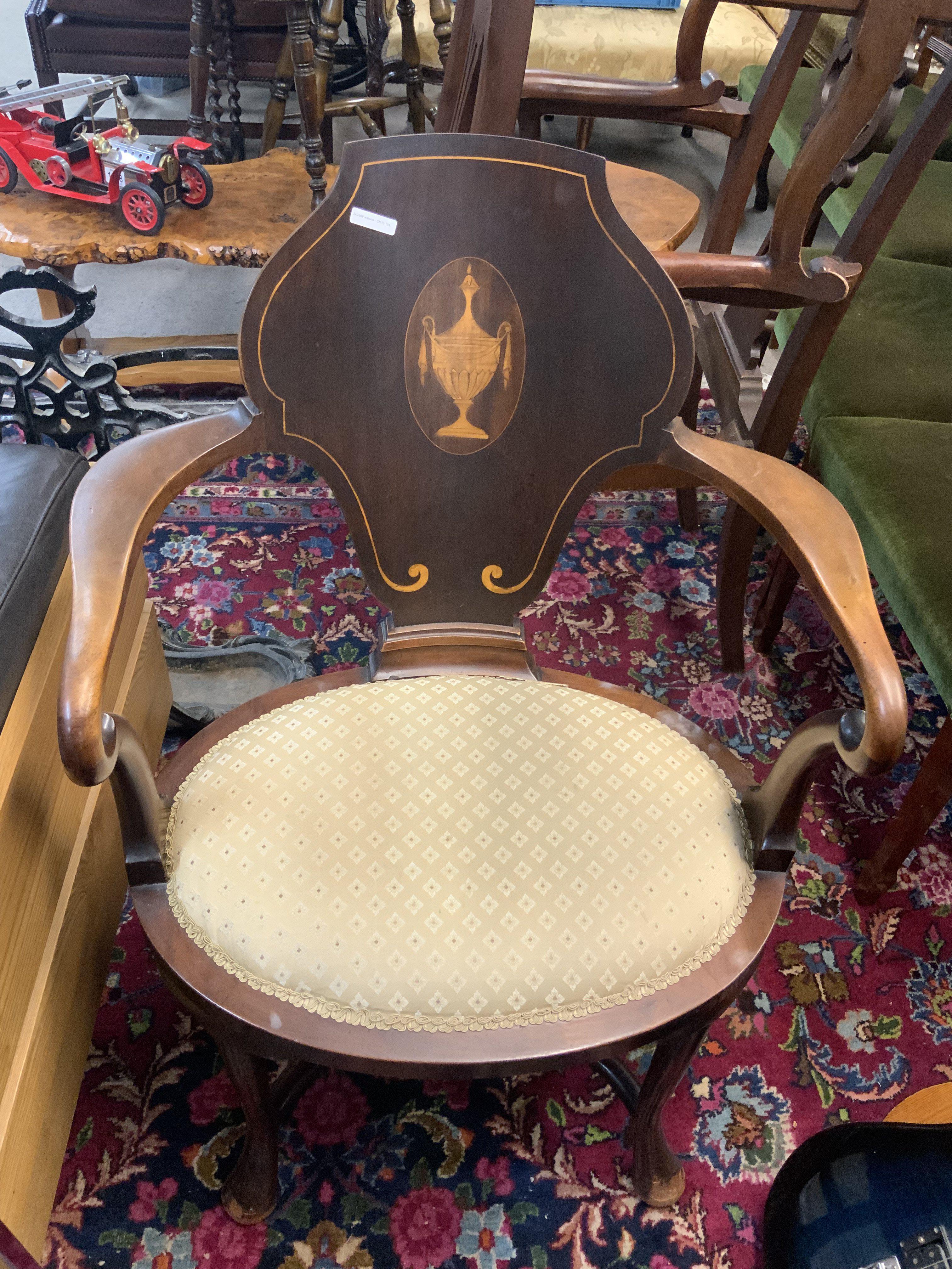 A small Edwardian bedroom chair with inlaid grecian urn design.