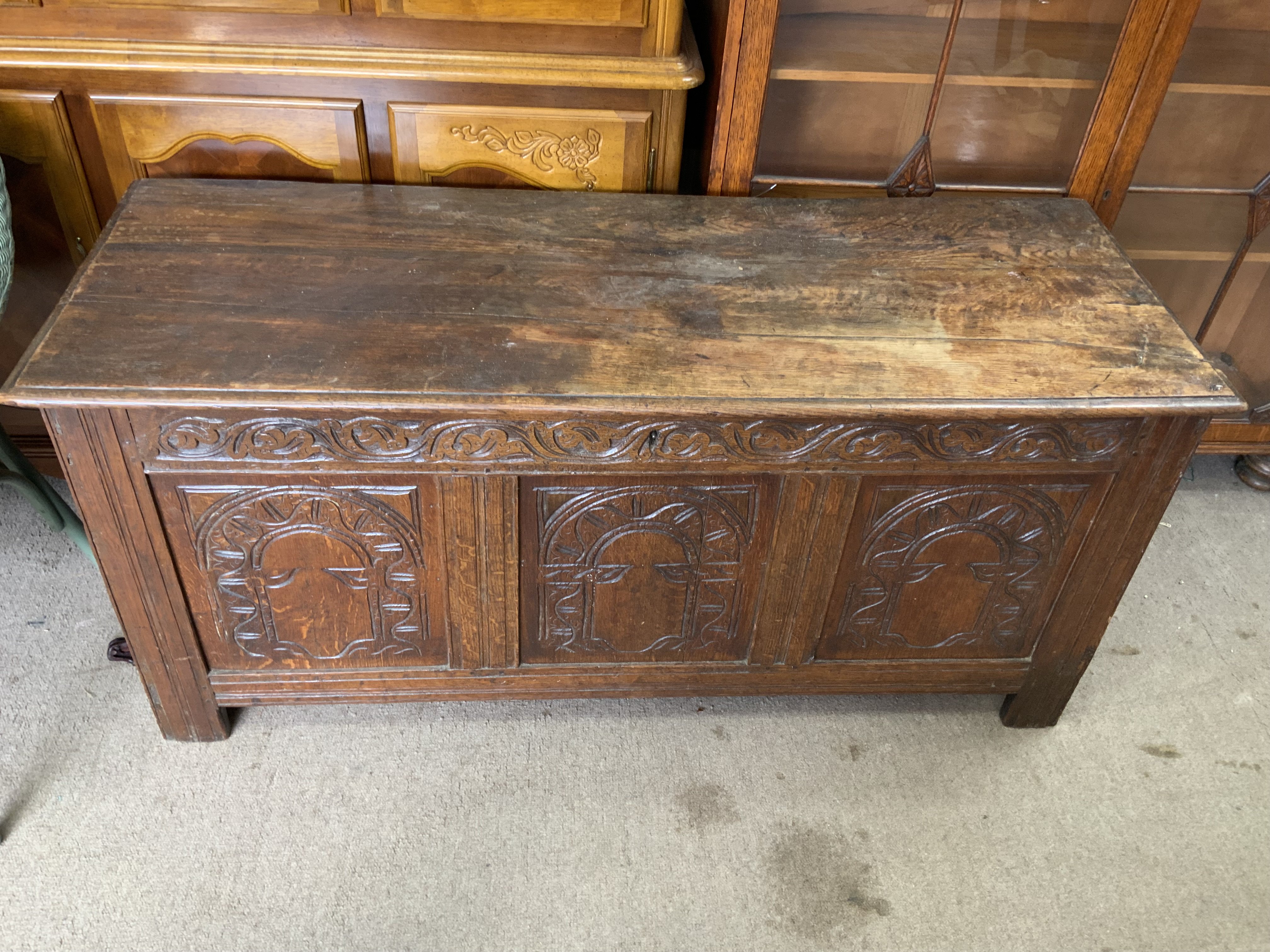 A Victorian gothic oak blanket box. 138cm x 50cm x 62cm