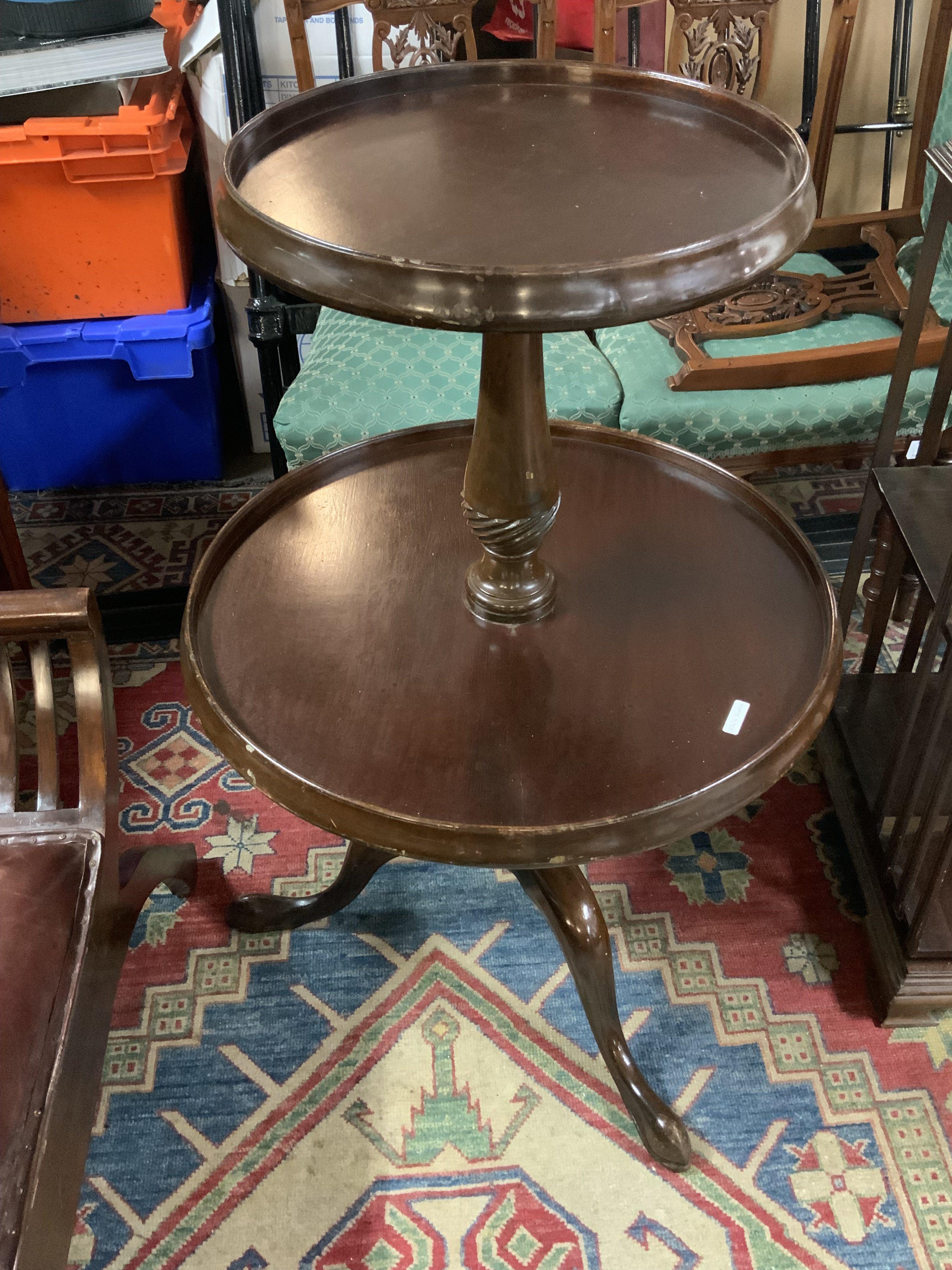 English Georgian two tier mahogany dumb waiter table with tripod base. Height .93cm x Diameter. 62cm