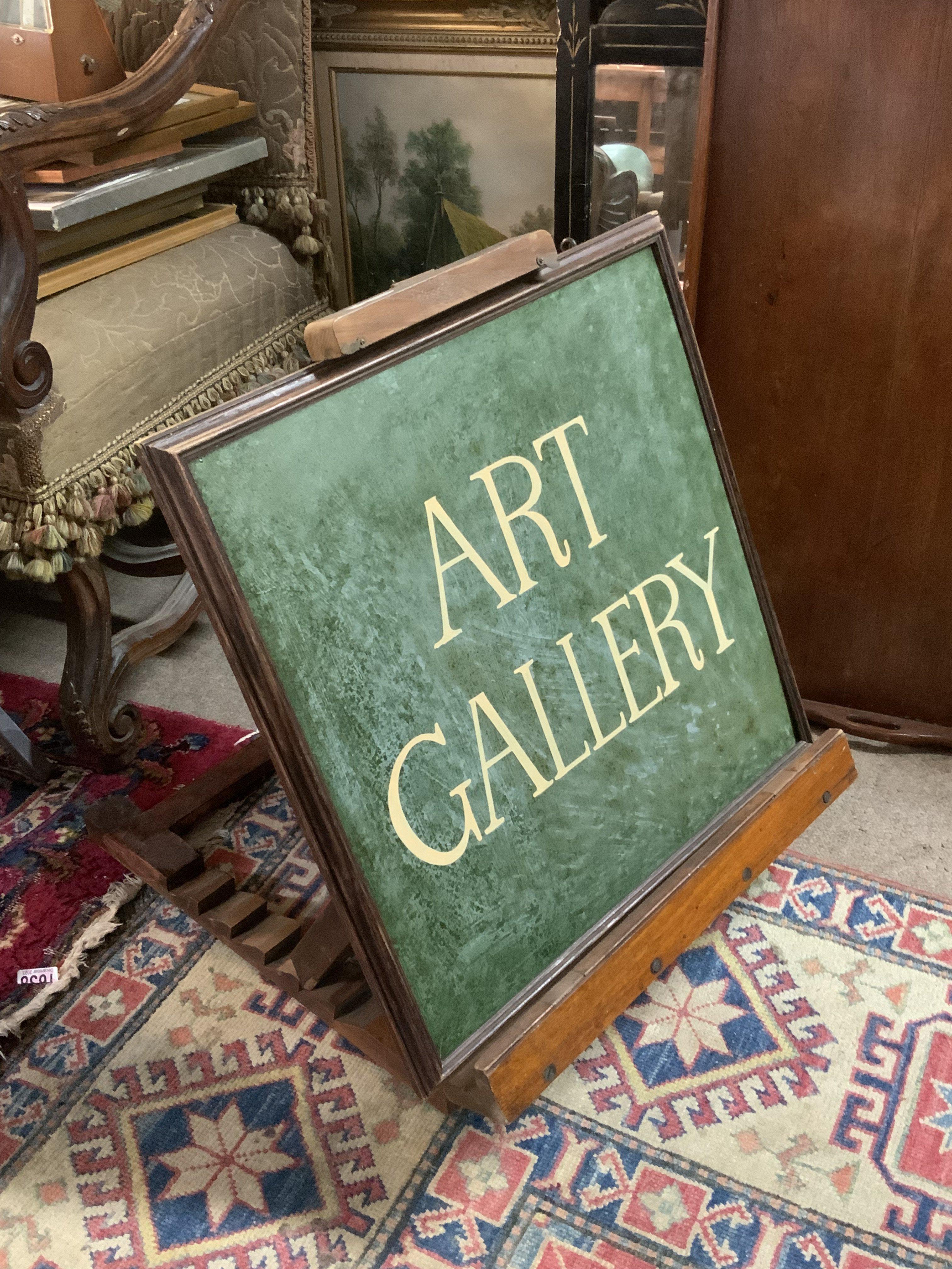 A 1940s floor standing Art Gallery sign and easel.