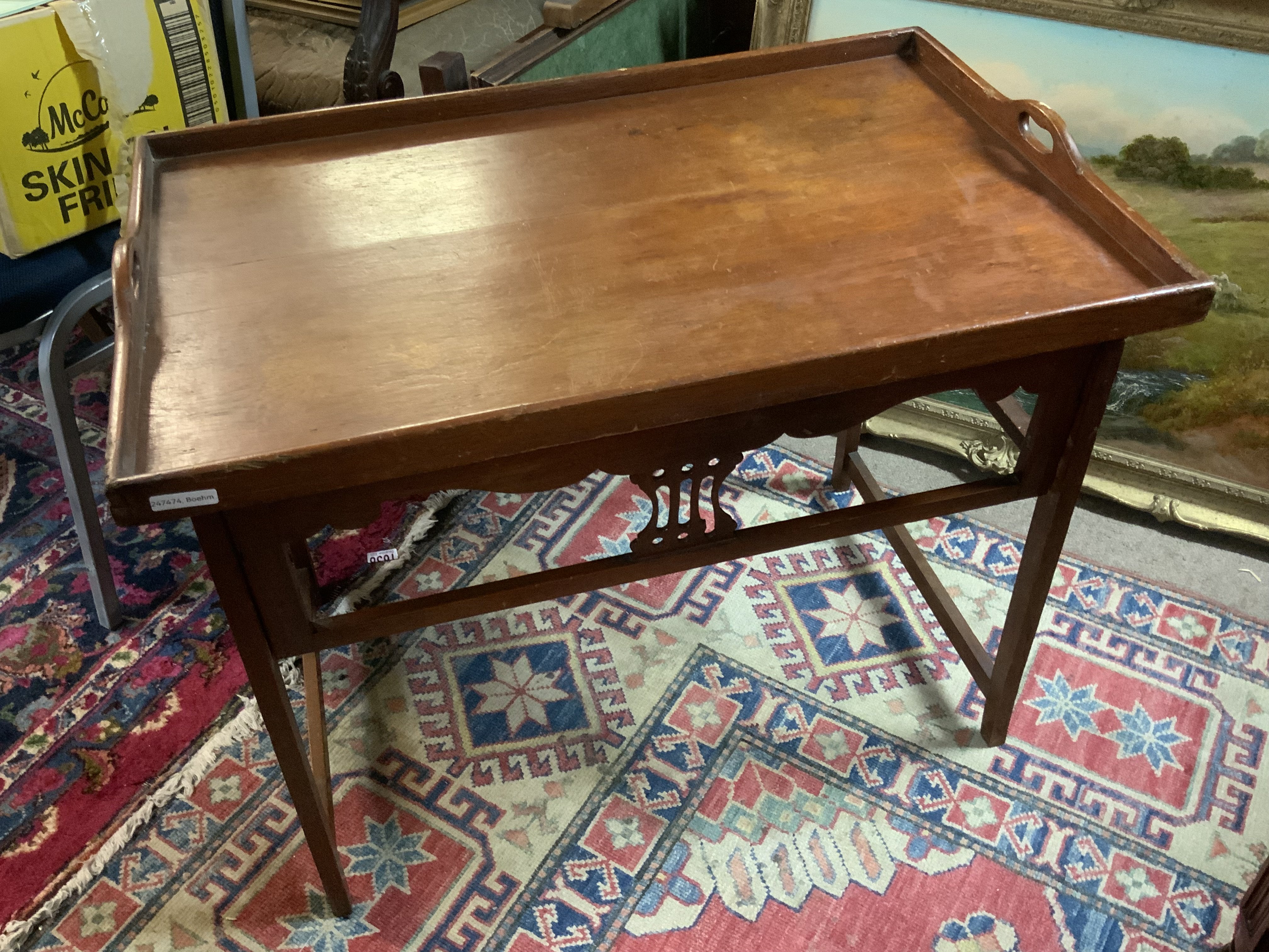 A small Victorian oak hall chair together with a small folding table. (D)