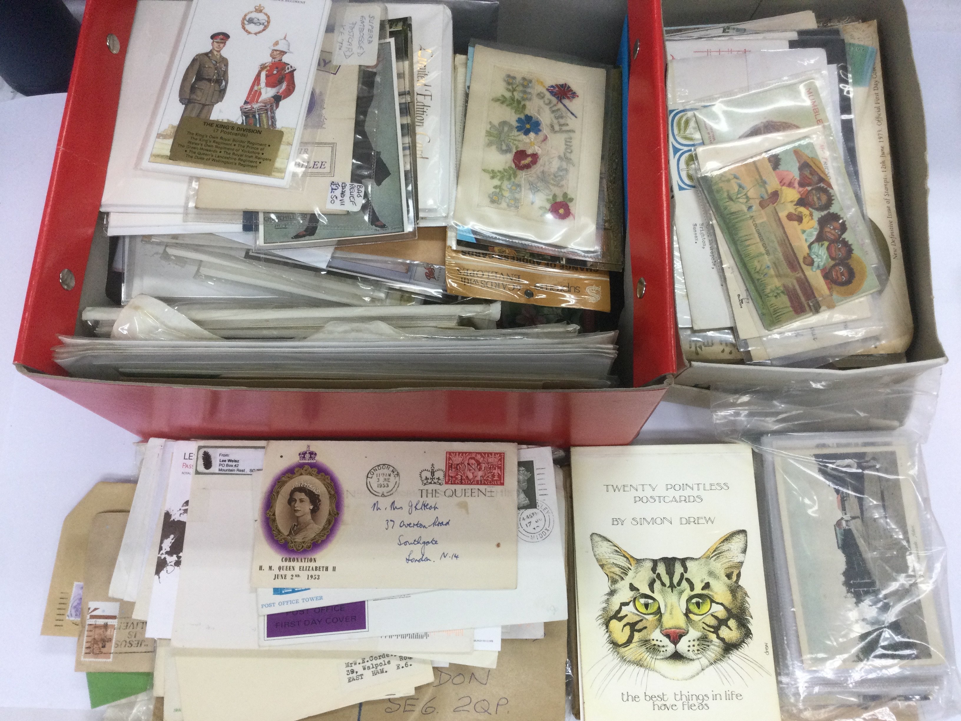 A box of stamp covers, postcards etc. Shipping category C.